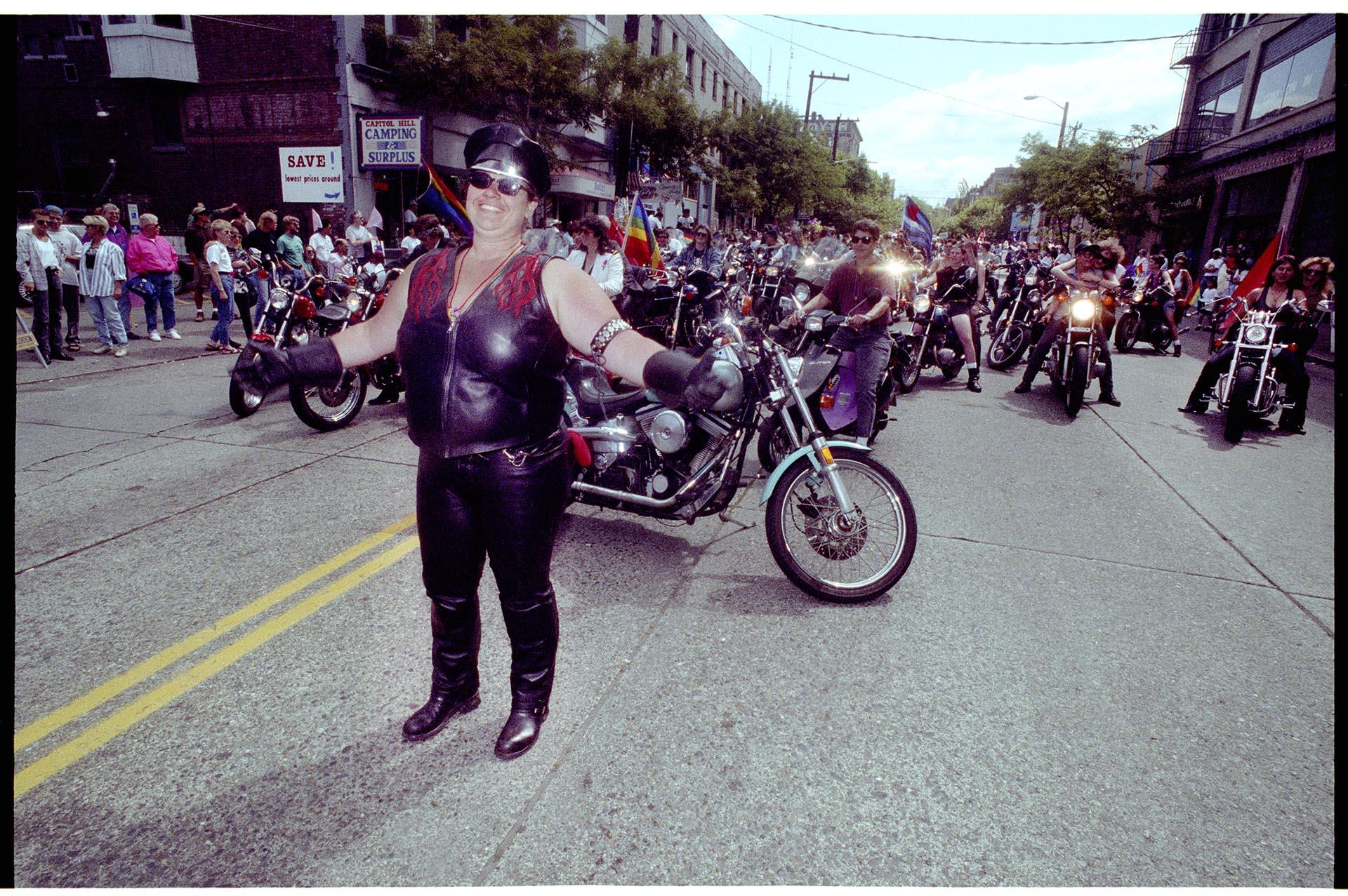 Image of Dykes on Bikes at start of Pride parade, June 27, 1993
