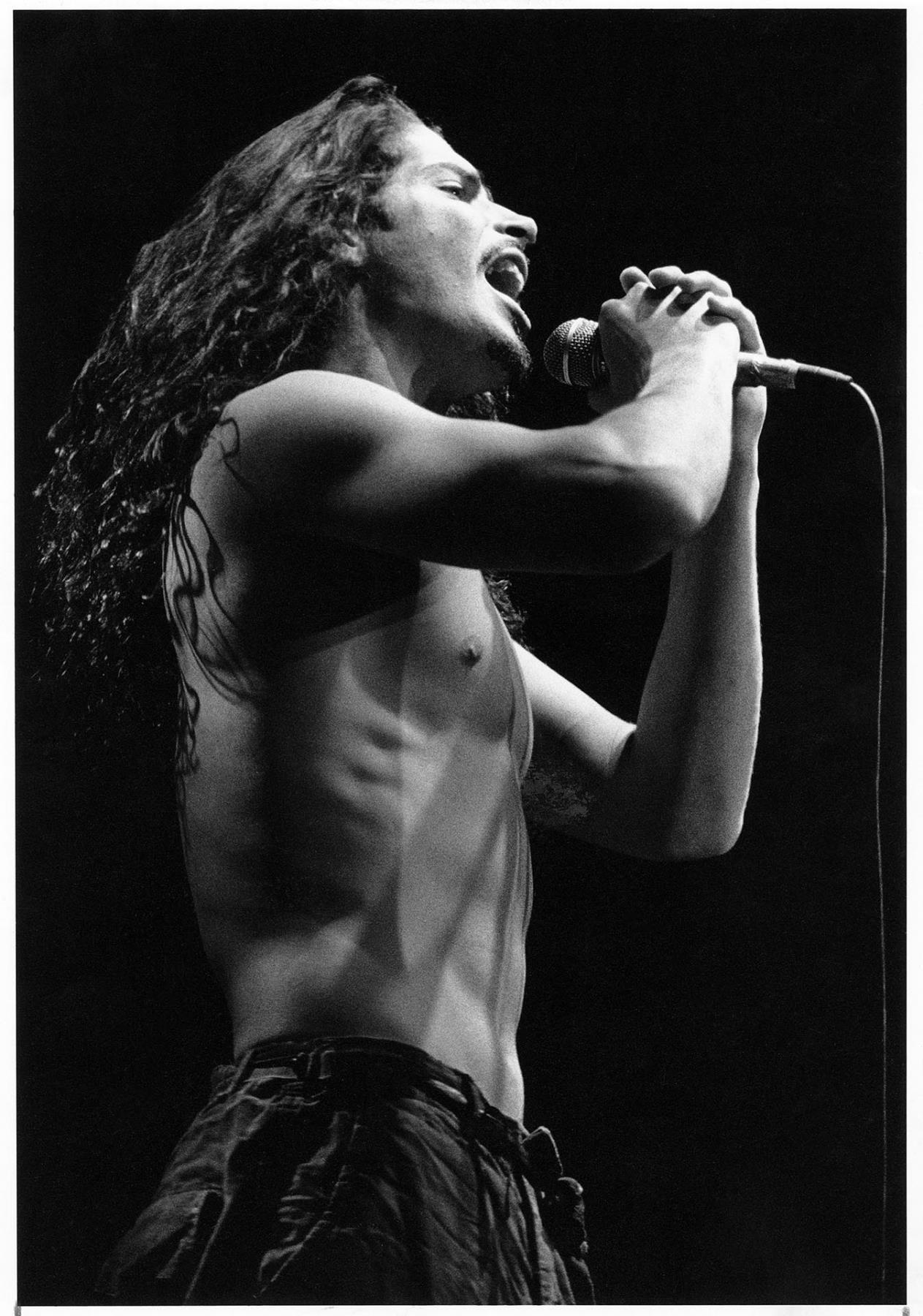 Image of Chris Cornell of Soundgarden performing at Bumbershoot, Seattle, September 3, 1990