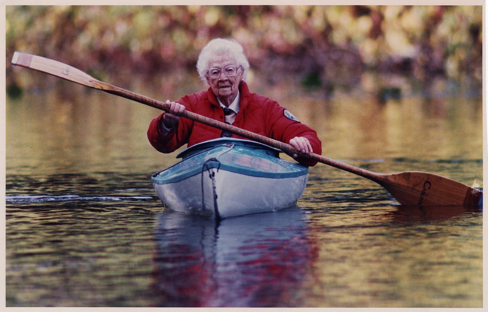 Image of Hazel Wolf paddling a kayak, November 4, 1985