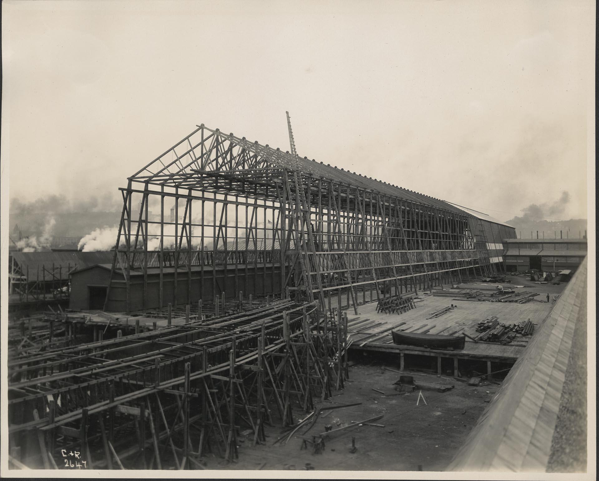 Image of Construction shed for battleship Nebraska, Moran Brothers shipyard, Seattle 1902