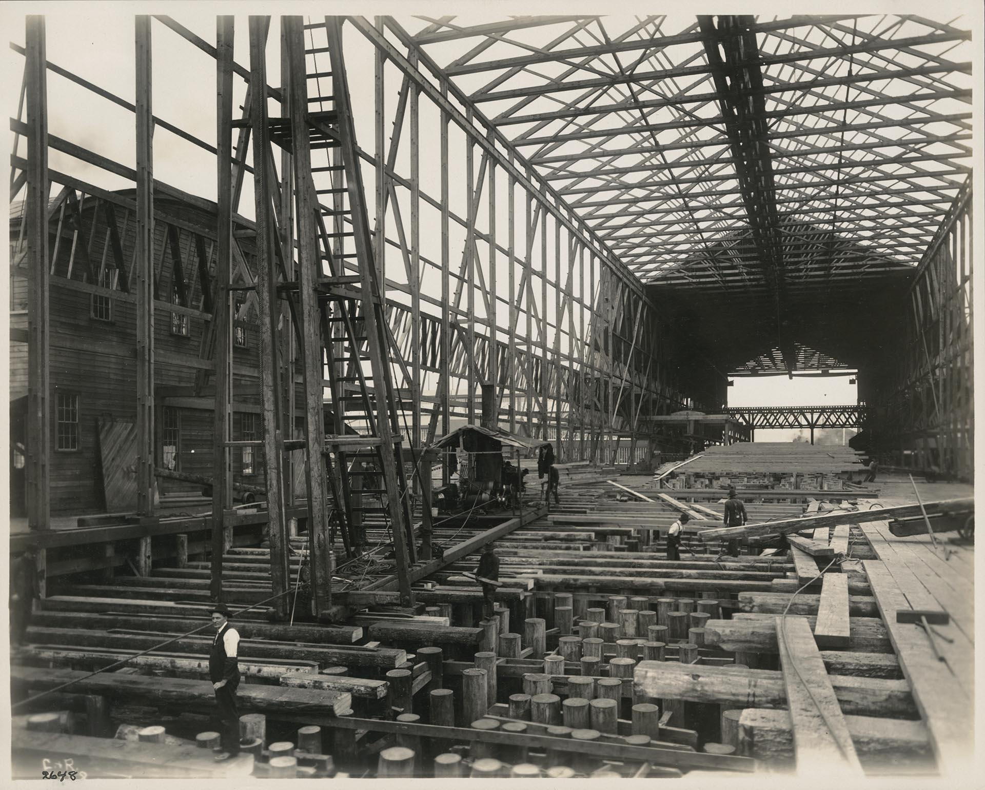 Image of Construction of ship shed for battleship USS Nebraska, Moran Brothers shipyard, 1902