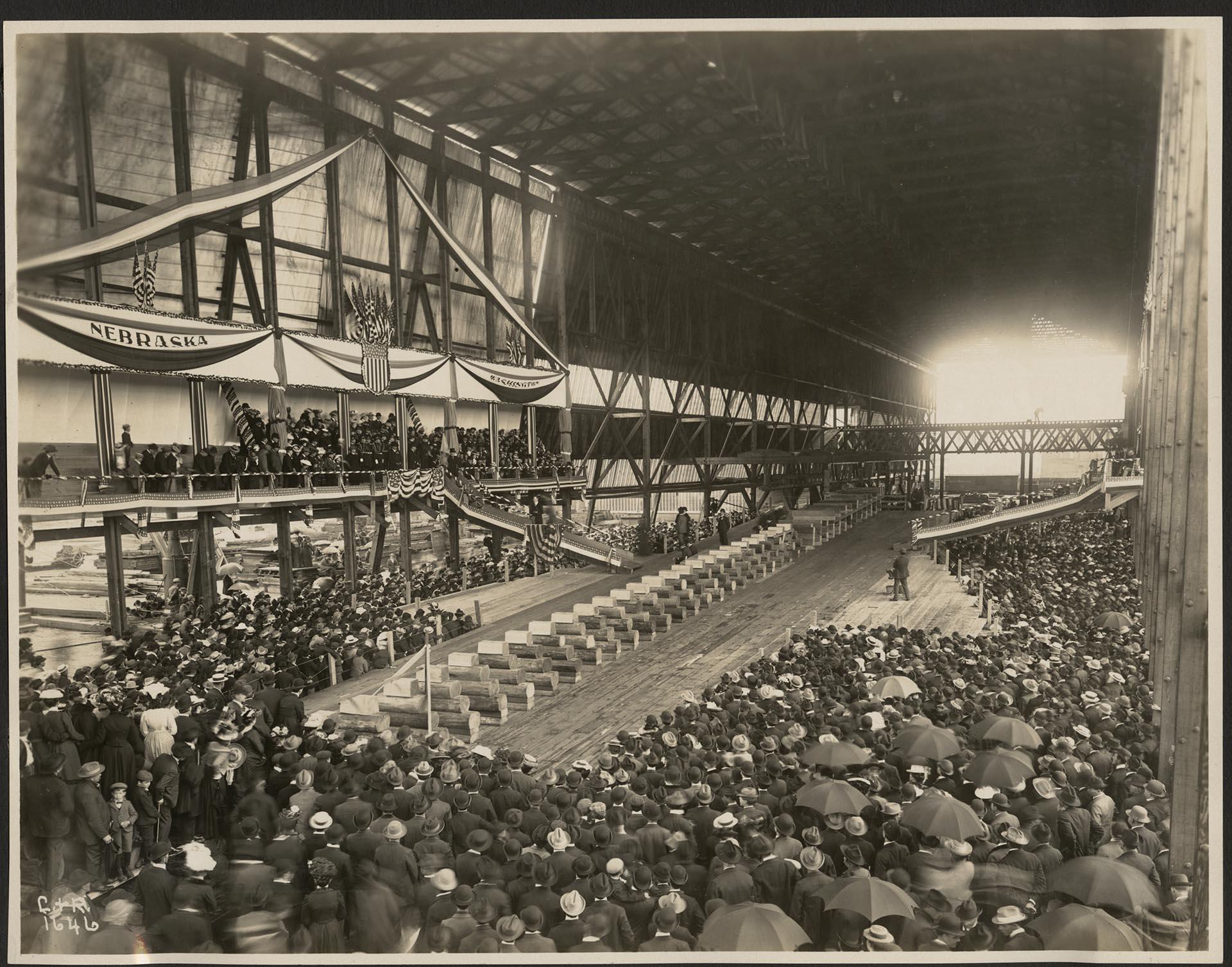 Image of Crowd at keel laying ceremony for the Nebraska at Moran Brothers shipyard, July 4, 1902