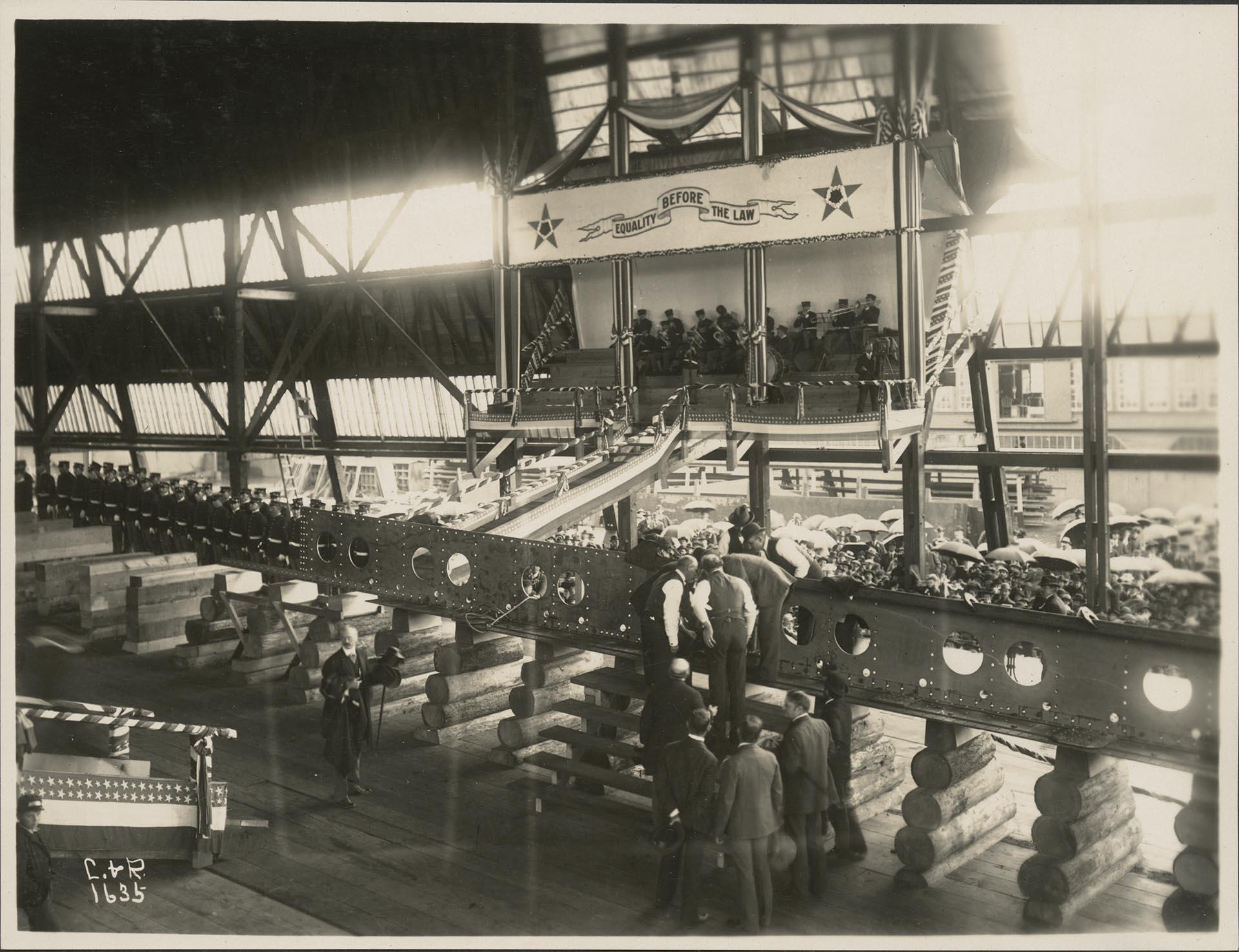 Image of Keel laying ceremony for battleship Nebraska at Moran Brothers shipyard, Seattle, July 4, 1902
