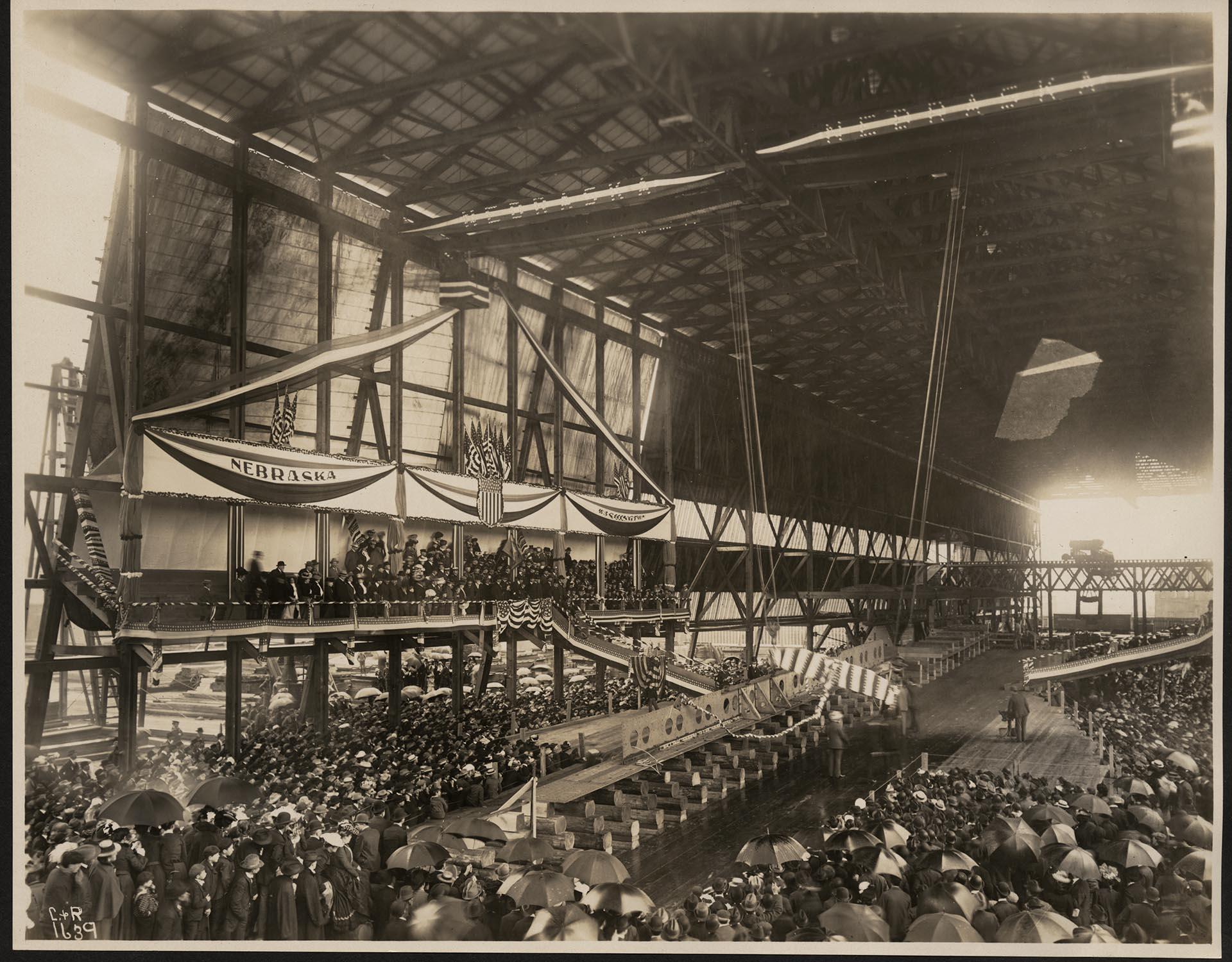 Image of Crowd at keel laying ceremony for the Nebraska at Moran Brothers shipyard, July 4, 1902
