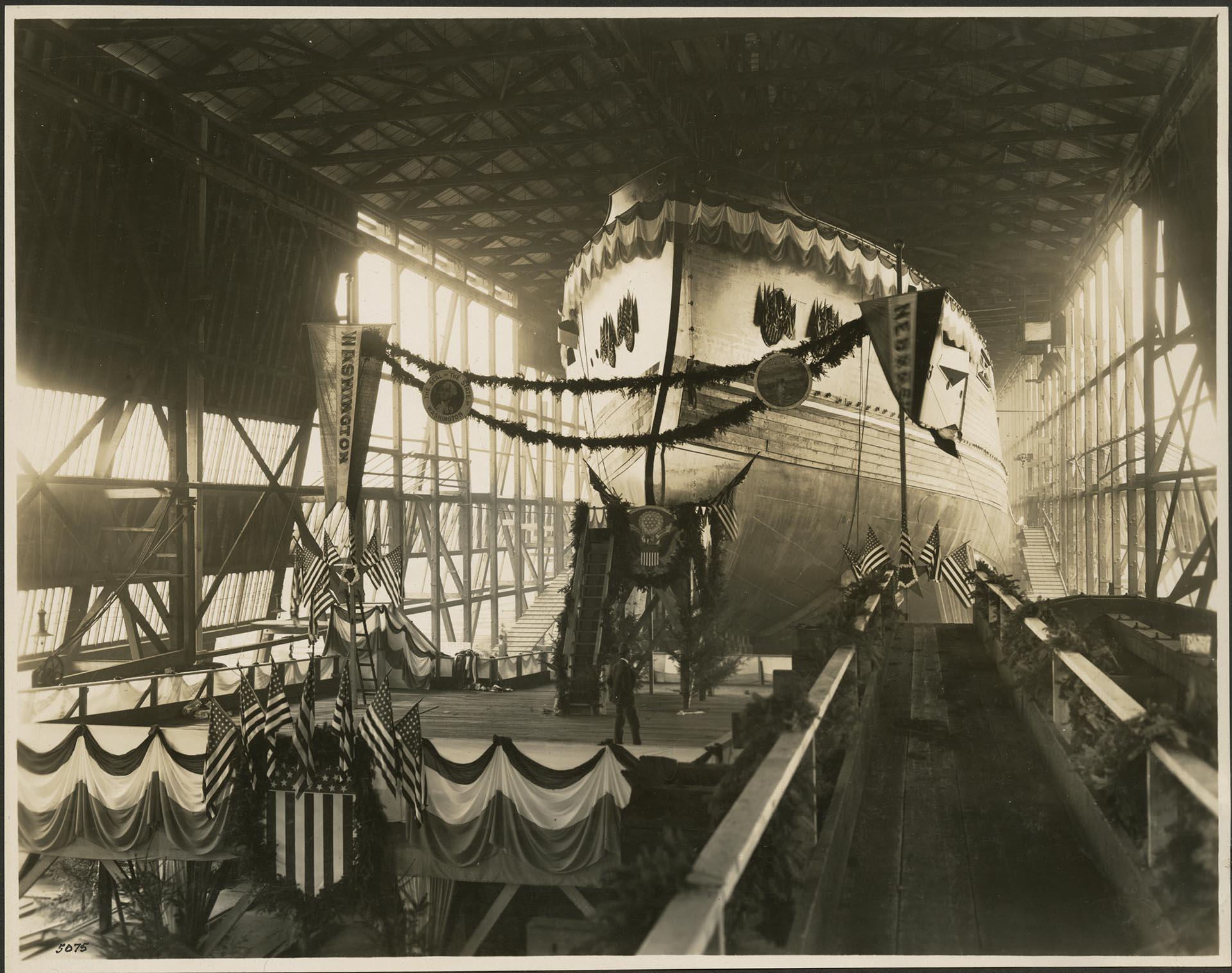Image of Battleship Nebraska before launch at Moran Brothers shipyard, Seattle, October 1904