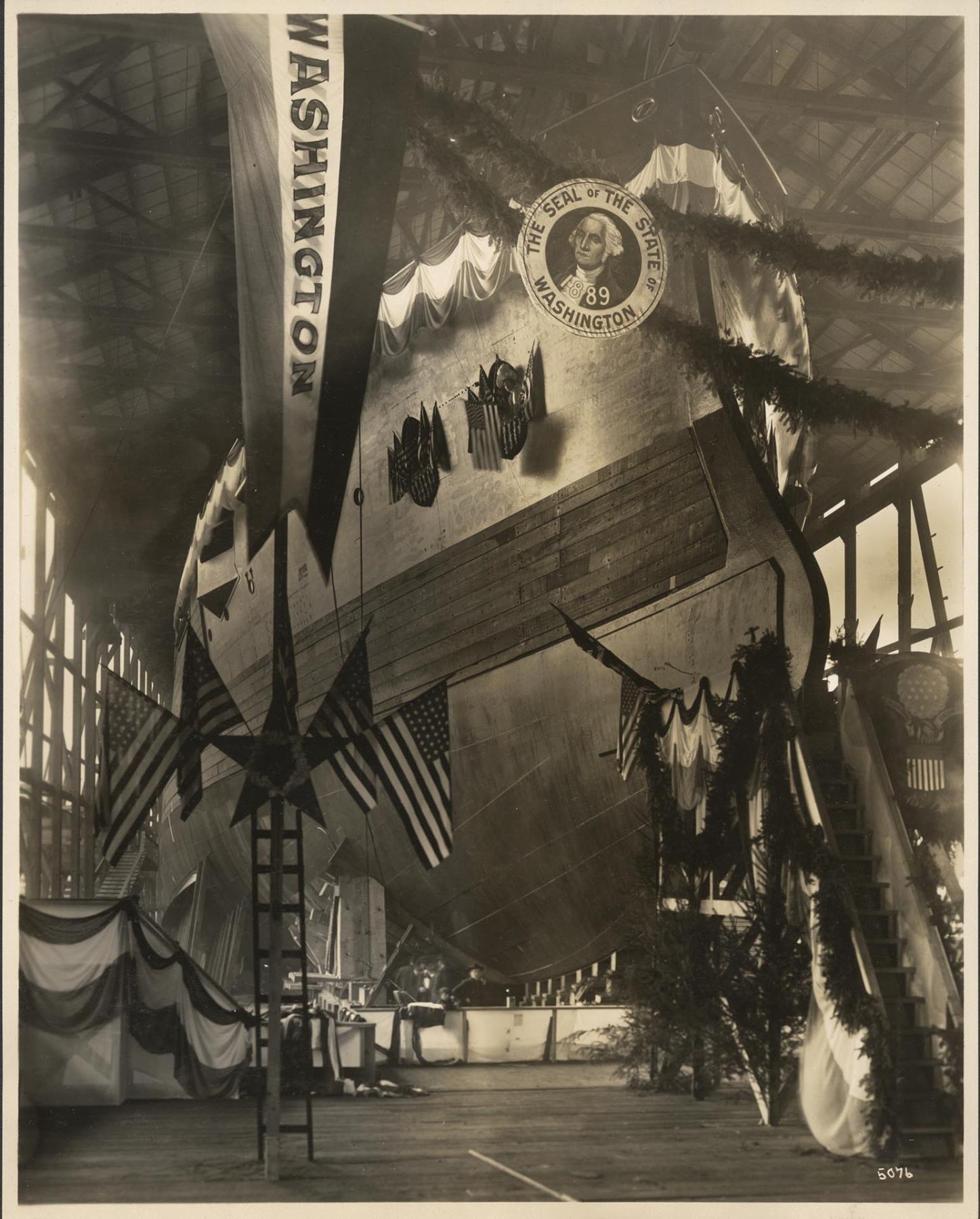 Image of Battleship Nebraska before launch at Moran Brothers shipyard, Seattle, October 1904
