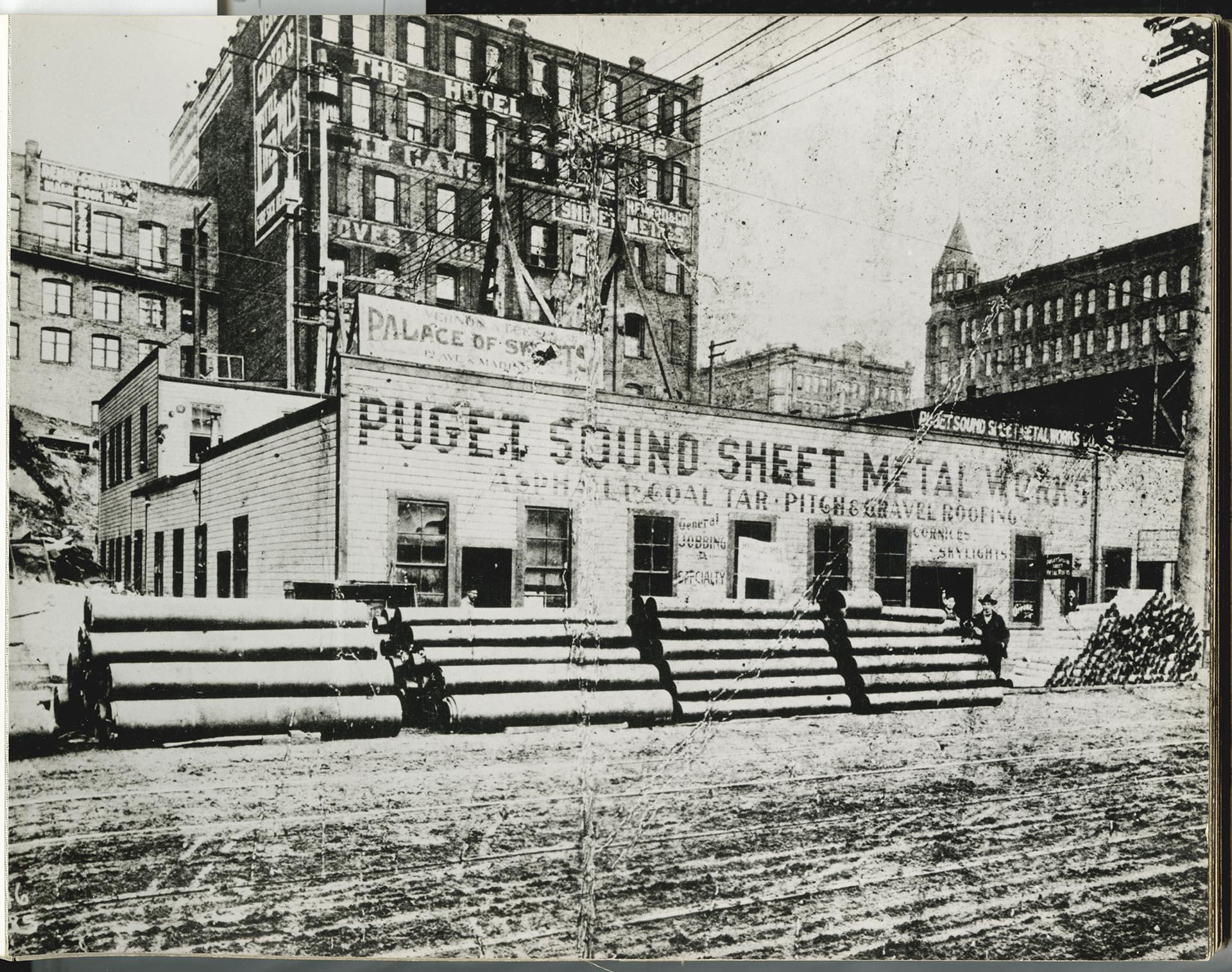 Image of Puget Sound Sheet Metal Works building on Western Avenue, Seattle, circa 1903