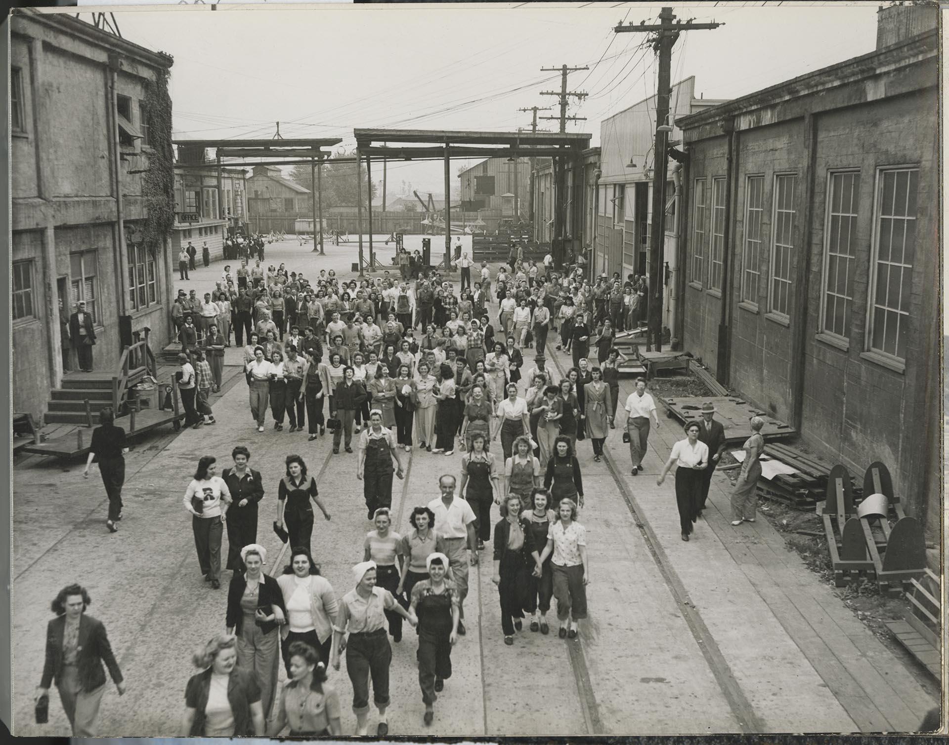 Image of Employees in street at Puget Sound Sheet Metal Works, East Marginal Way, Seattle, circa 1943