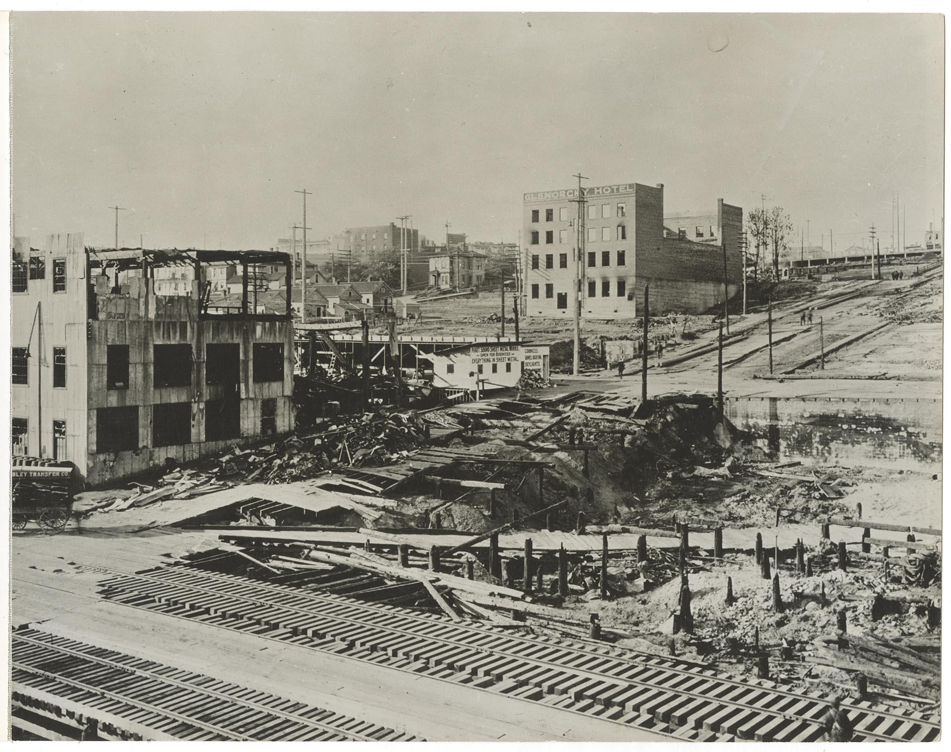 Image of Puget Sound Sheet Metal Works building on Railroad, Wall, and Elliott Avenues after fire, Seattle, 1909