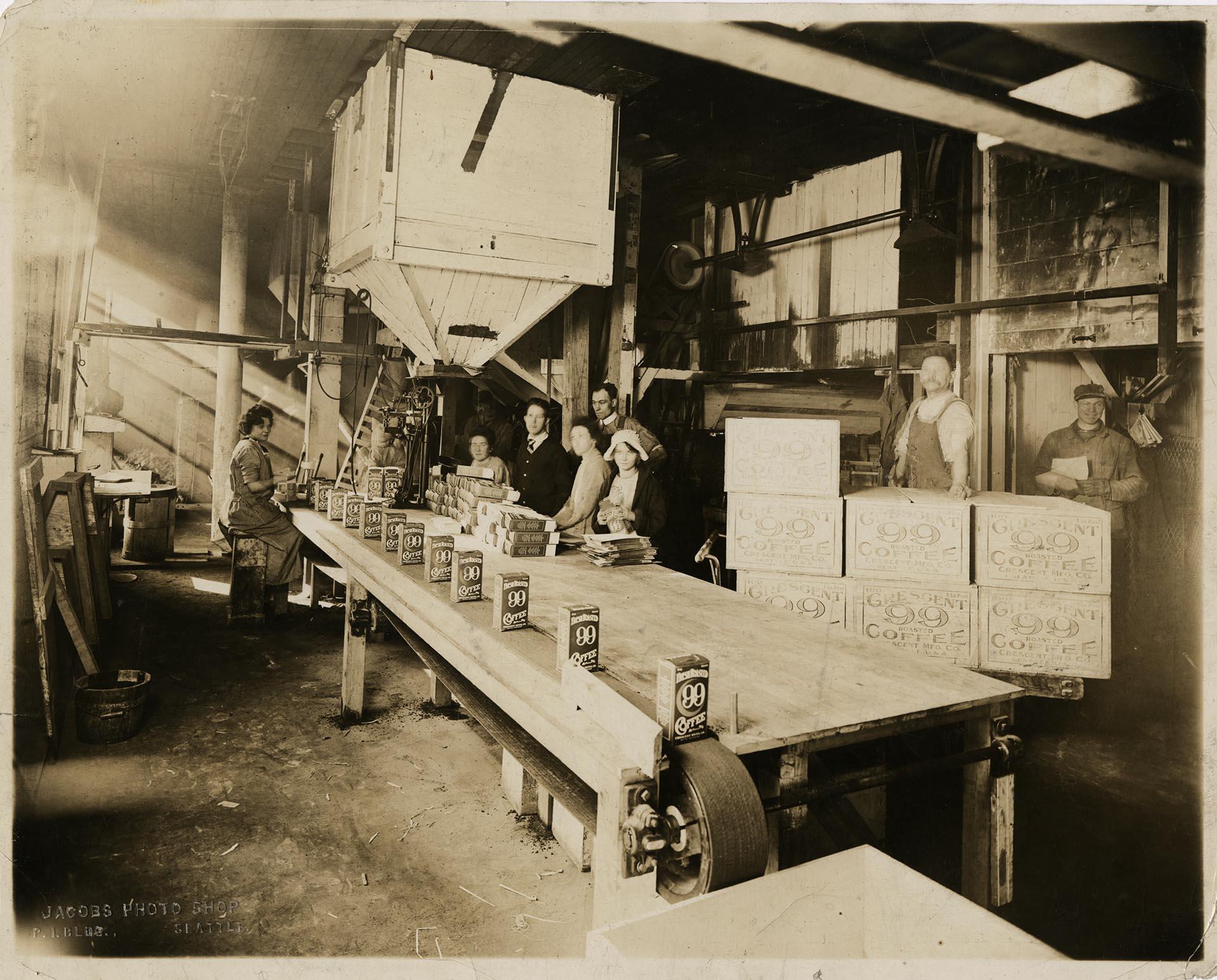 Image of Employees packaging coffee at Crescent Manufacturing Company, Seattle, circa 1920