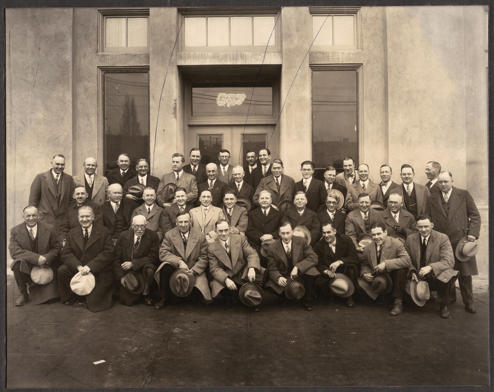Image of Employees gathered for a sales meeting at Crescent Manufacturing Company, Seattle, 1928