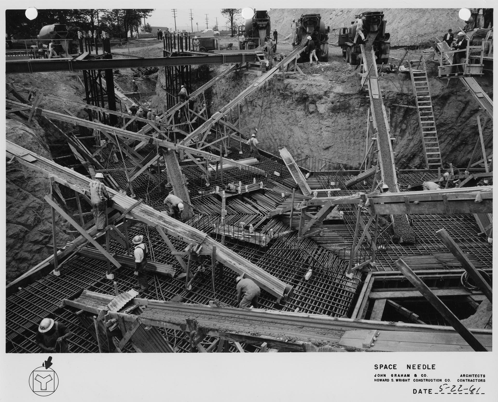 Image of Workers readying concrete pour for Space Needle foundation, May 22, 1961