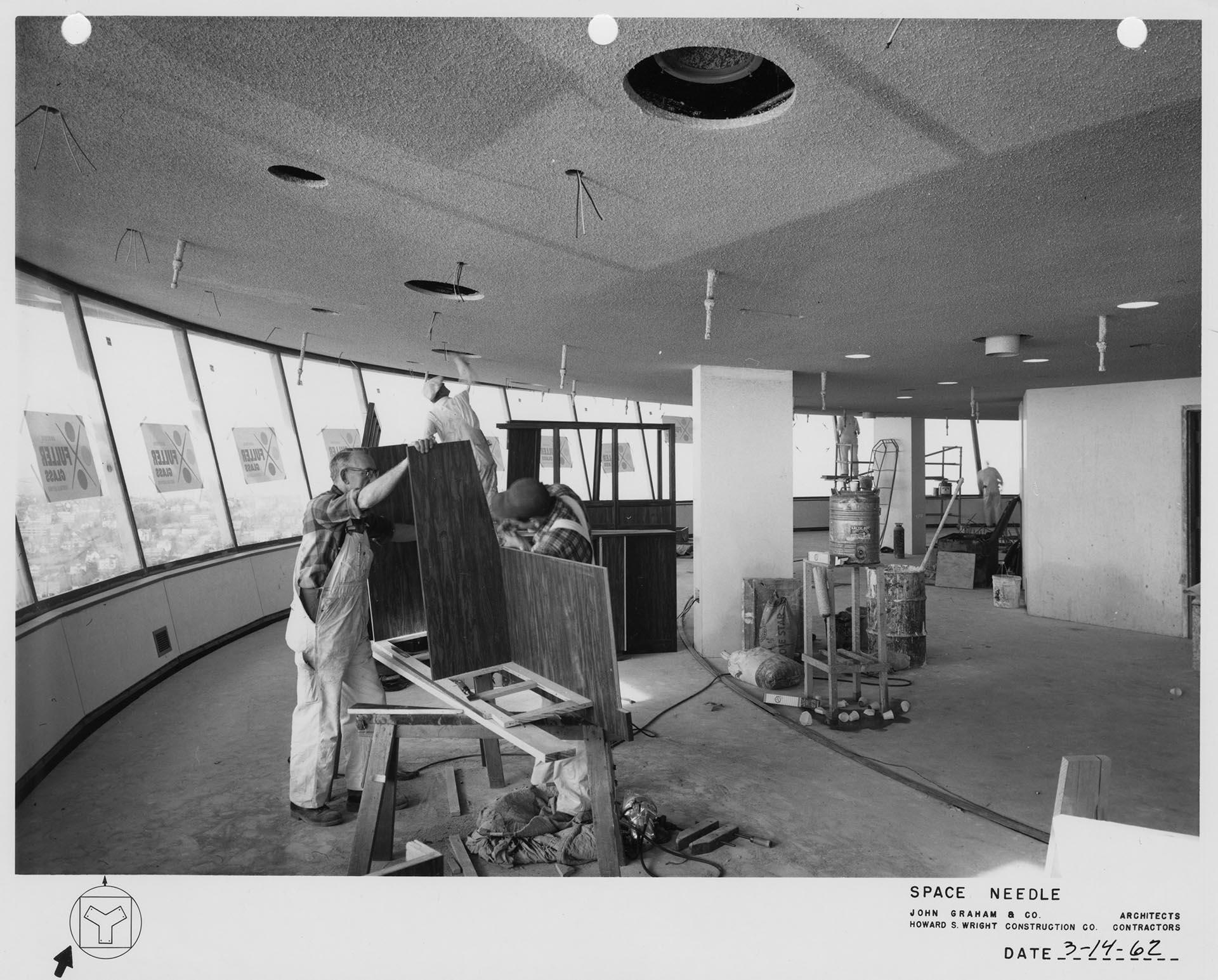 Image of Construction inside the Space Needle restaurant and observation deck, March 14, 1962