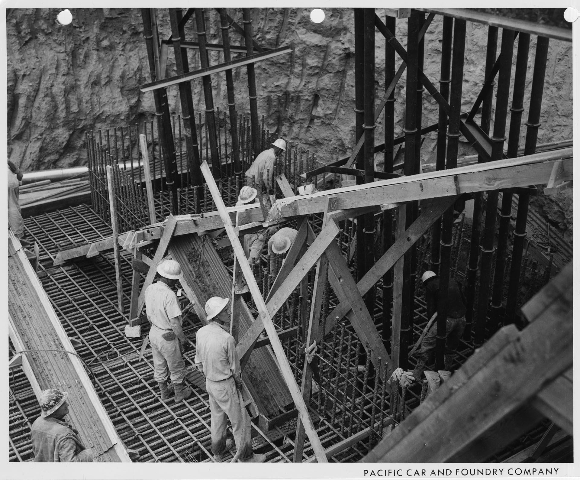 Workers preparing Space Needle foundation pour