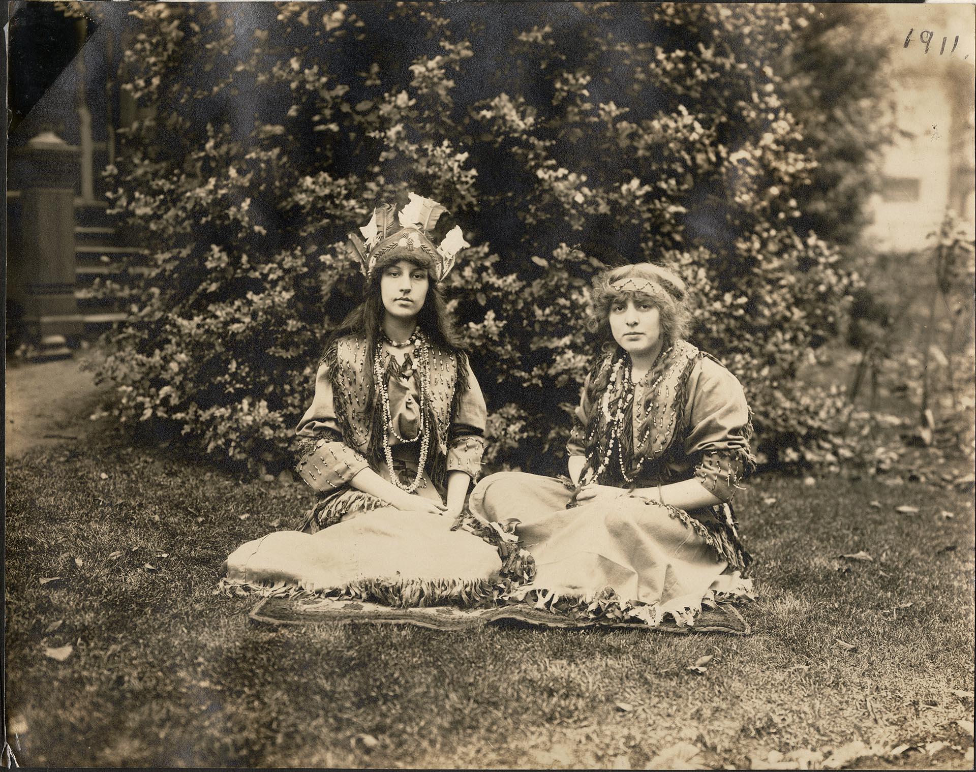 Image of Guendolen Carkeek and Hortense Smith posed in redface for Founders' Day Ball, Seattle, November 13, 1911
