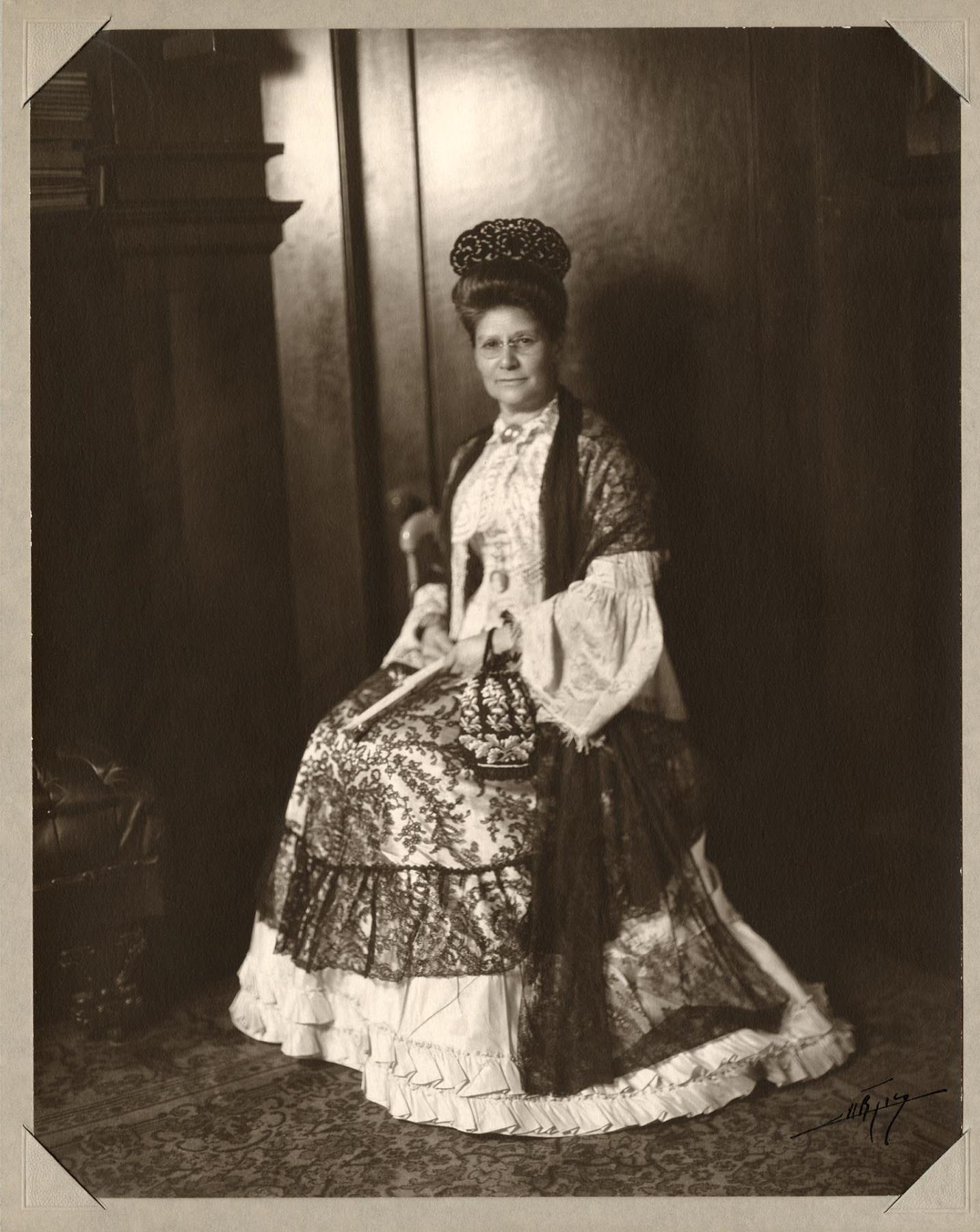 Image of Mrs. Rollins in costume at Founders' Day Ball, Seattle, circa 1912