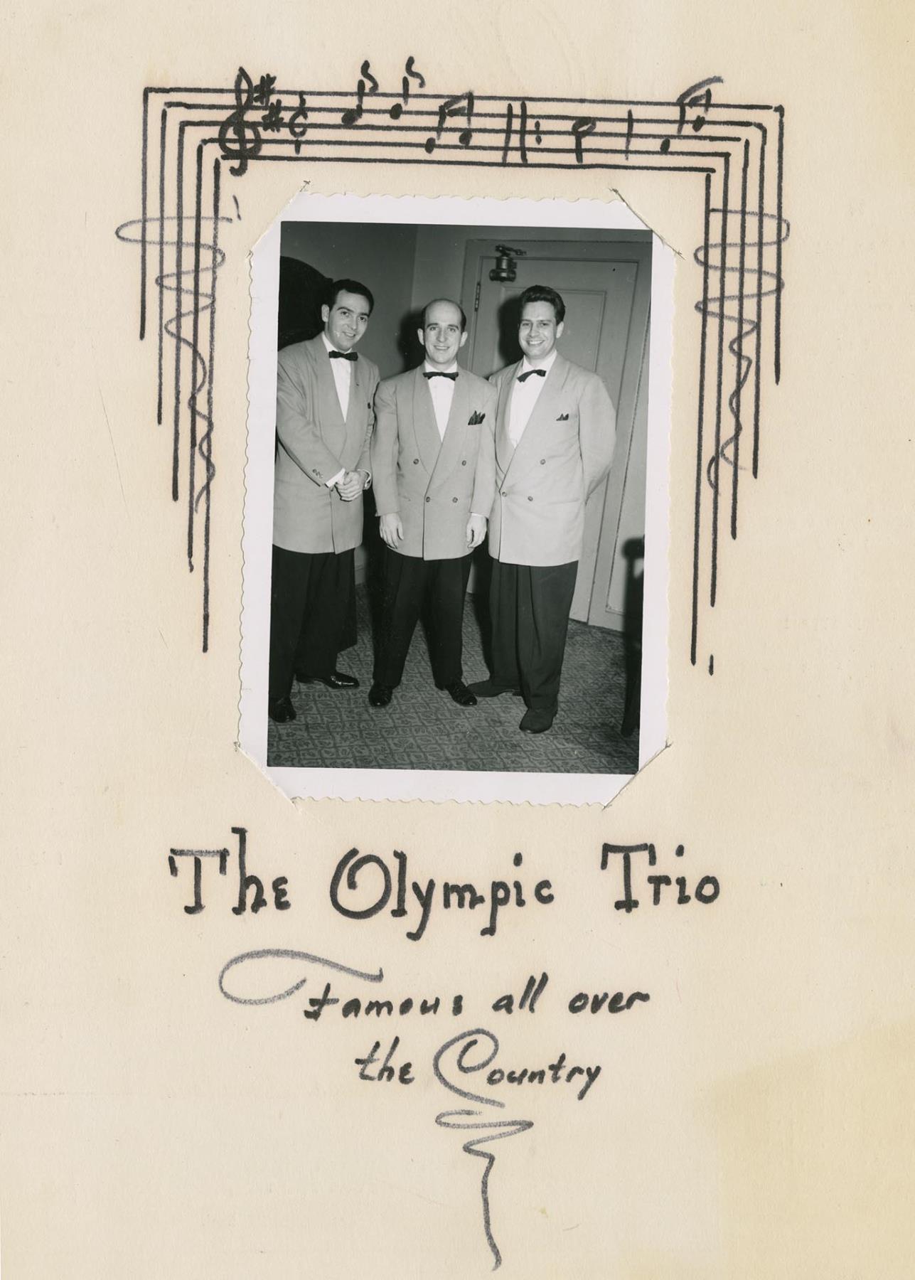 Image of Snapshot of the Art Barduhn Trio inserted into the back of a menu from the Olympic Hotel, 1951