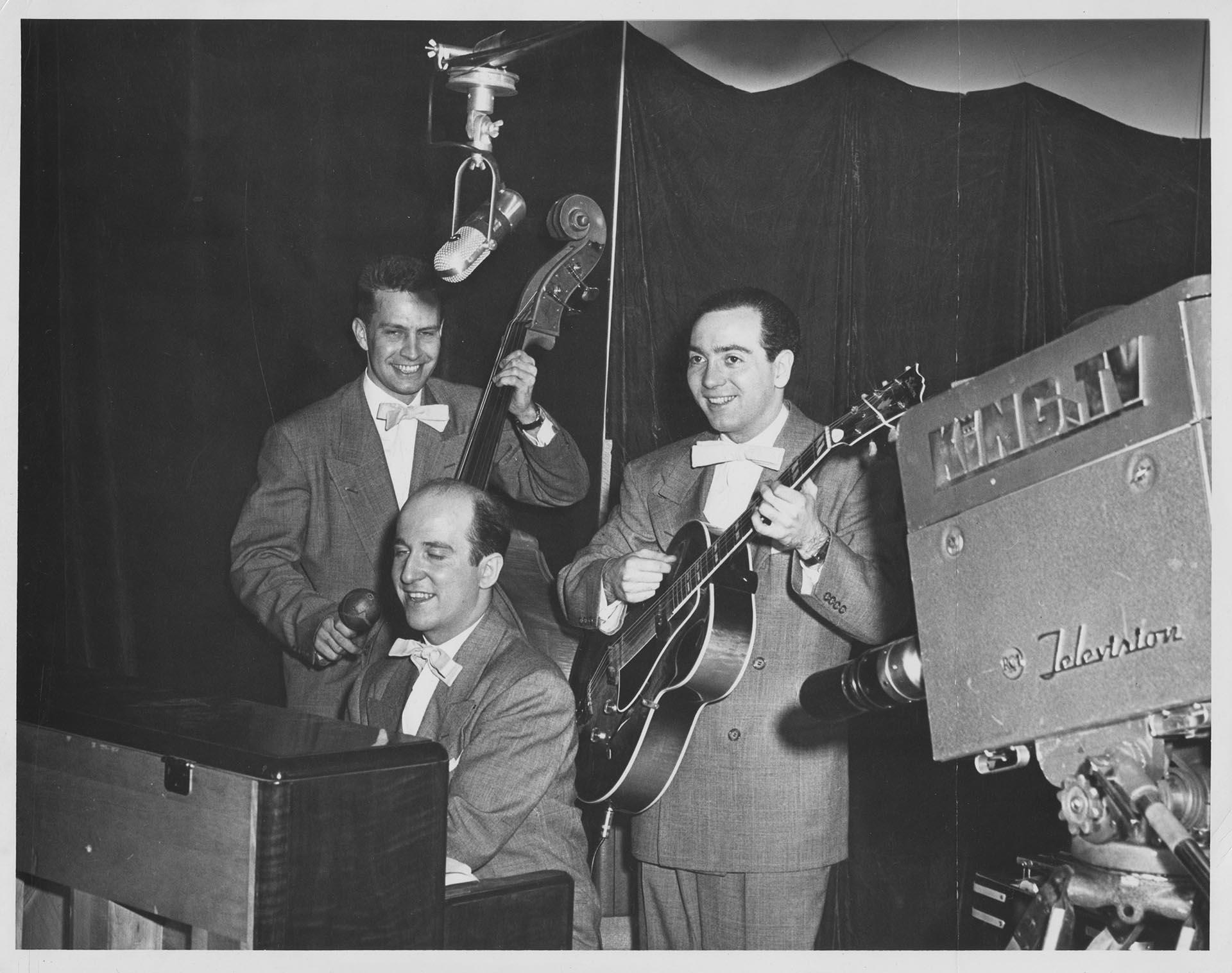 Image of Art Barduhn Trio performing in front of a KING-TV camera, circa 1950