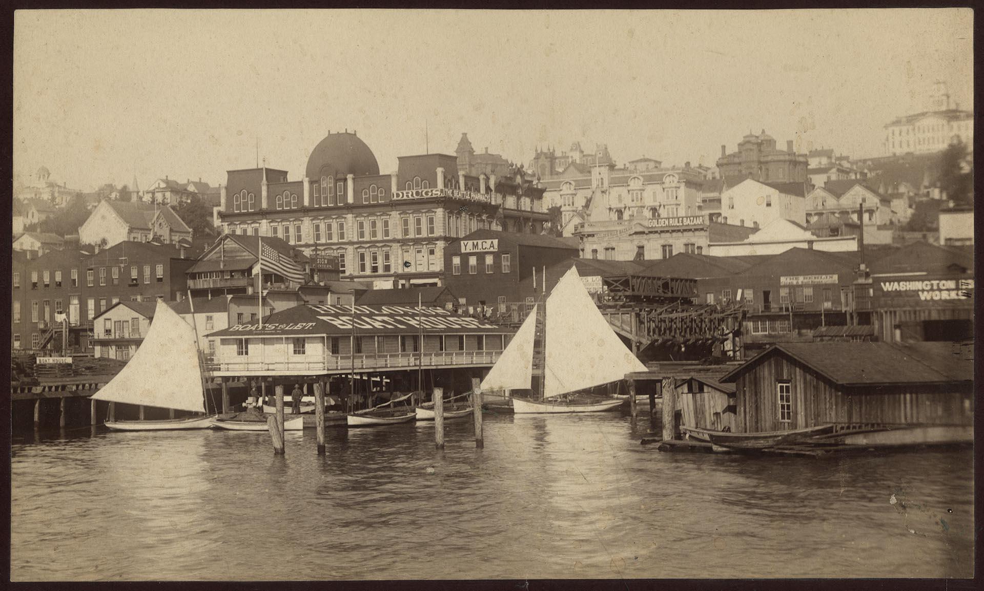 Image of Seattle waterfront at Columbia and Madison, circa 1885
