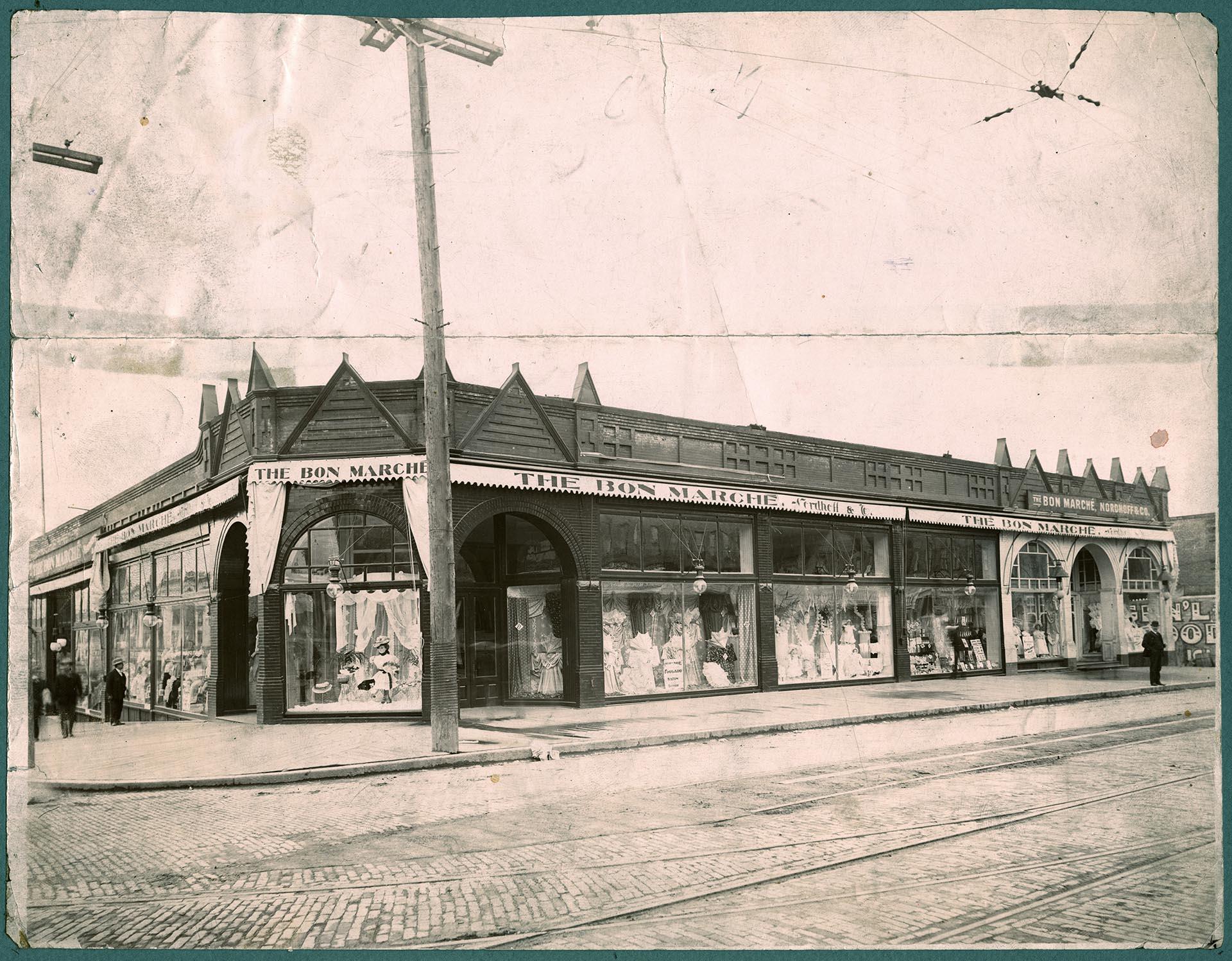 Image of Exterior of the Bon Marché store at Second Avenue and Pike Street, Seattle, 1900