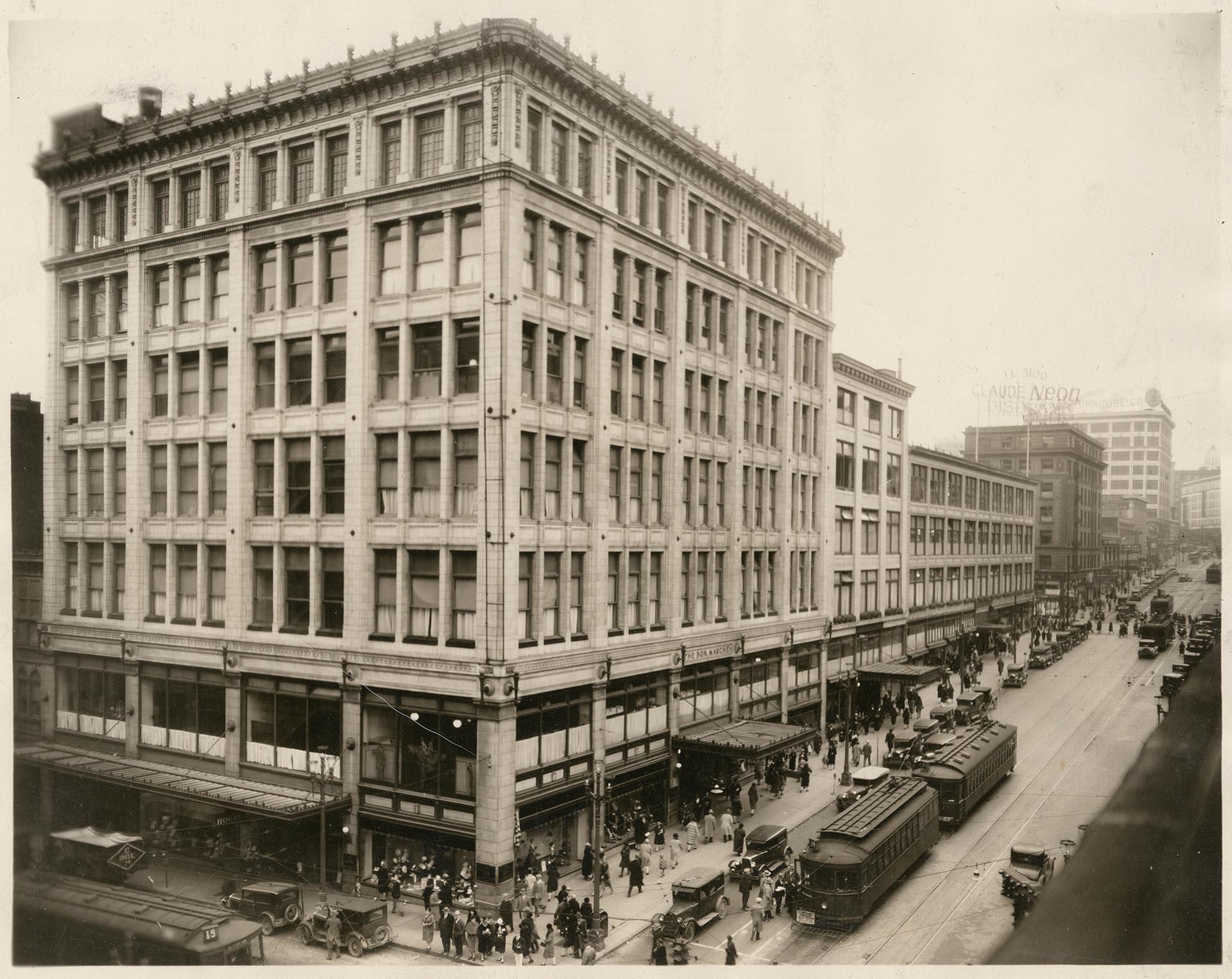 Image of The Bon Marche building at Second Avenue and Pike Street, Seattle, circa 1927