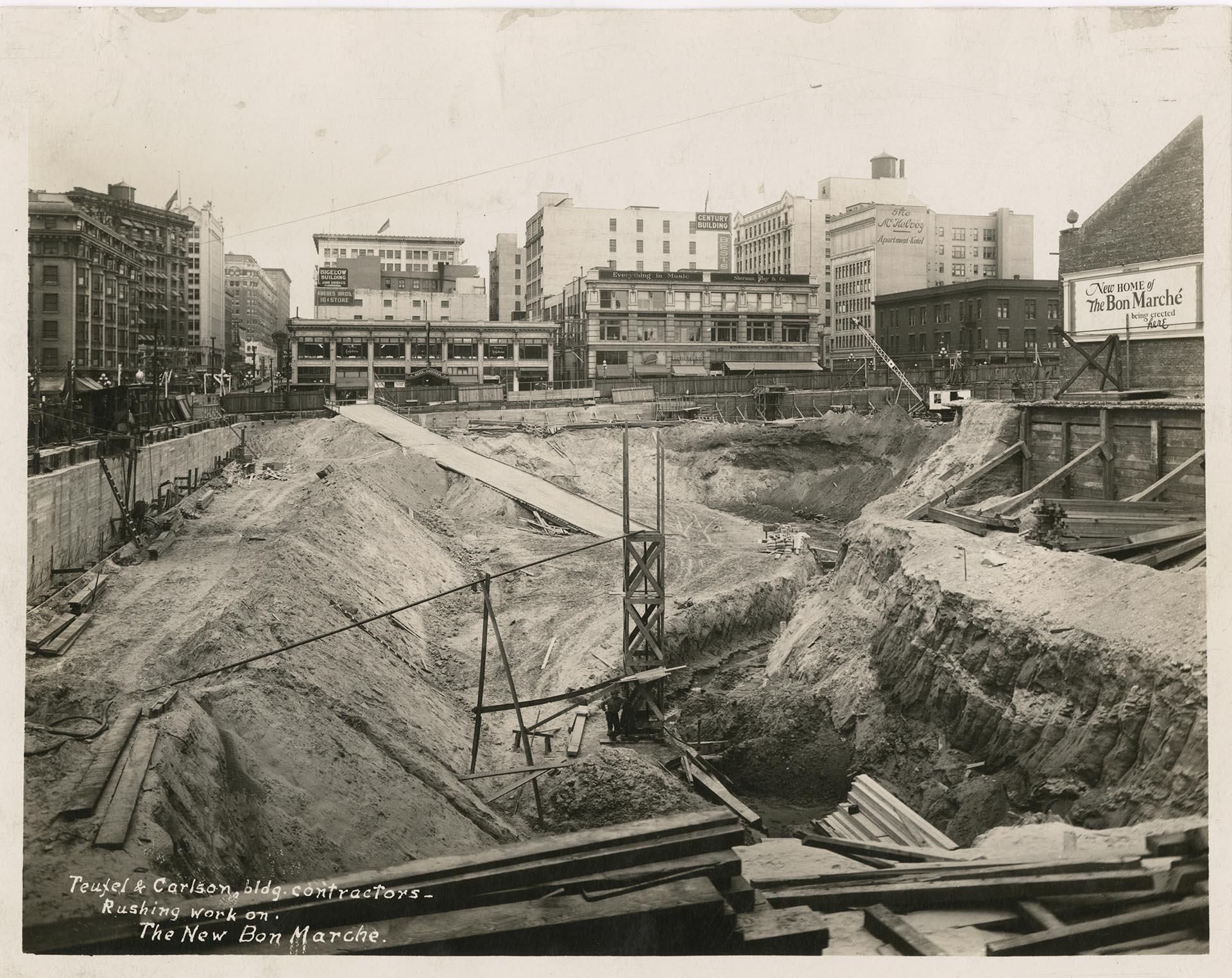 Image of Excavation in progress for new Bon Marché building at Fourth Avenue and Pine Street, Seattle, circa 1927