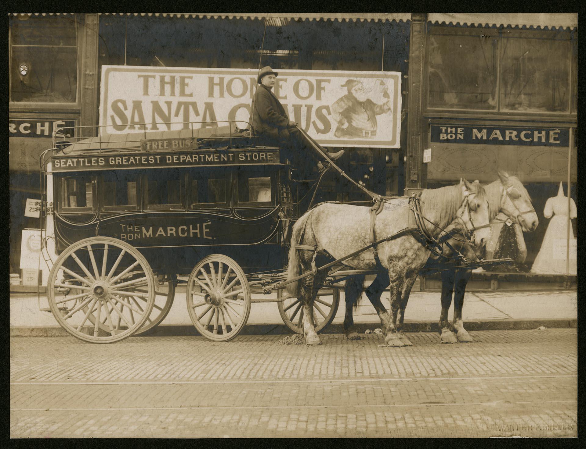 Image of Driver with horse-drawn Bon Marché carriage in front of Second and Pike store, Seattle, 1908