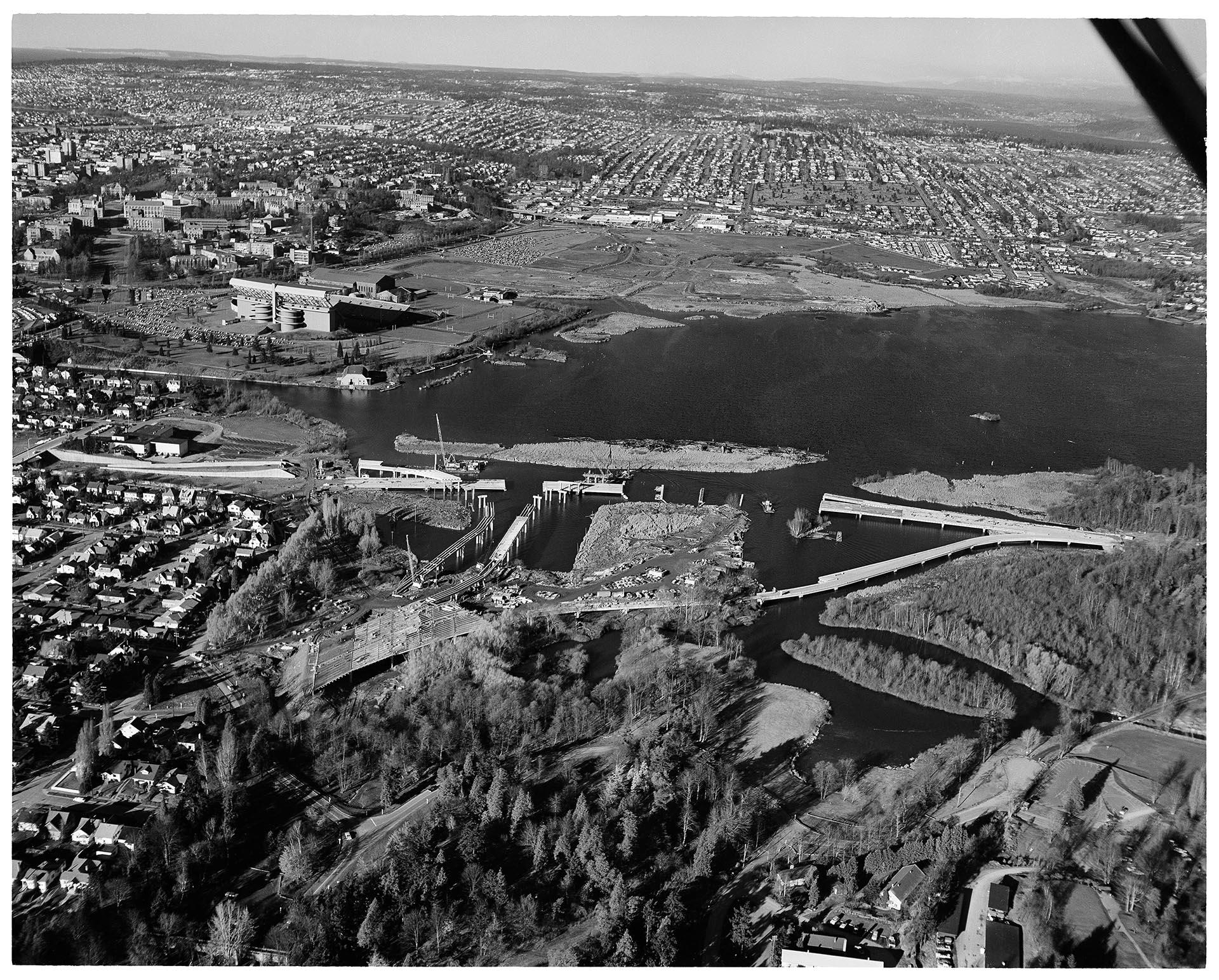 Image of Aerial view of Evergreen Point Floating Bridge construction, Seattle, January 18, 1962