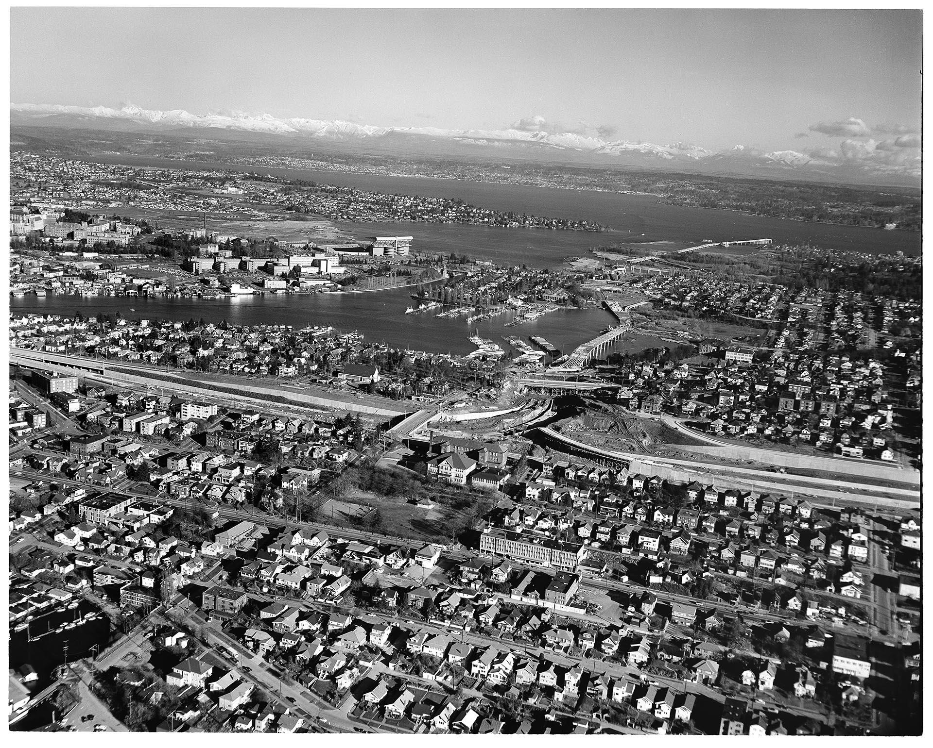Image of Aerial view of freeway construction, Seattle, January 18, 1962