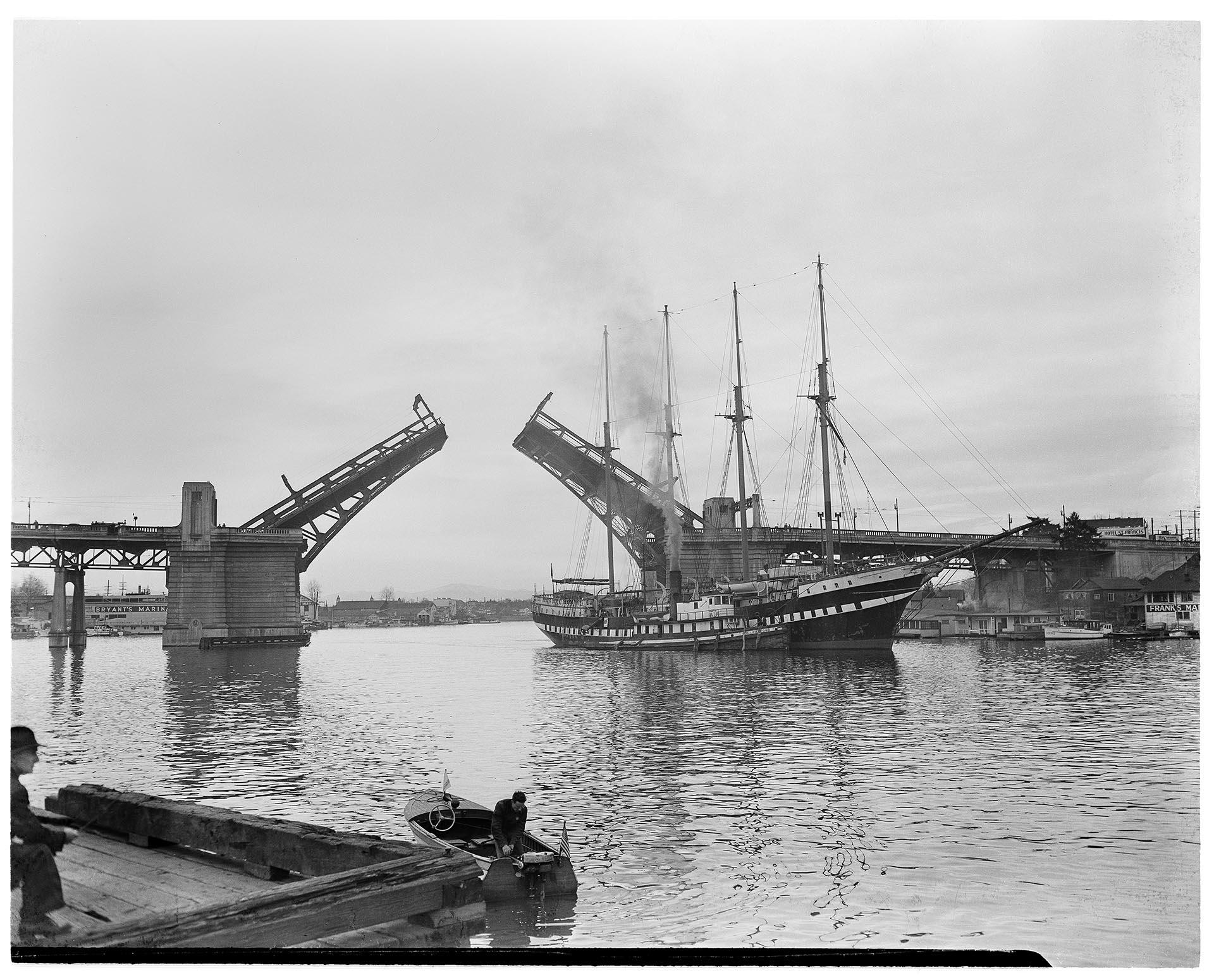 Image of Yacht Fatome at drawbridge near Ballard locks, Seattle, circa 1962
