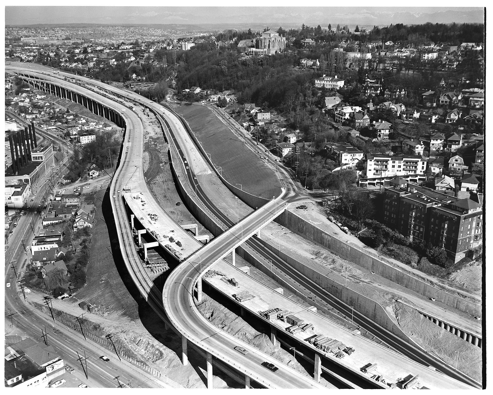 Image of Aerial view of I-5 freeway construction at Lakeveiw Boulveard East, Seattle, February 25, 1964