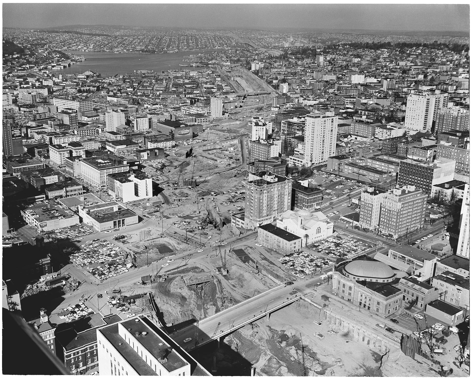 Image of Aerial view of Interstate 5 construction through Seattle, February 25, 1964