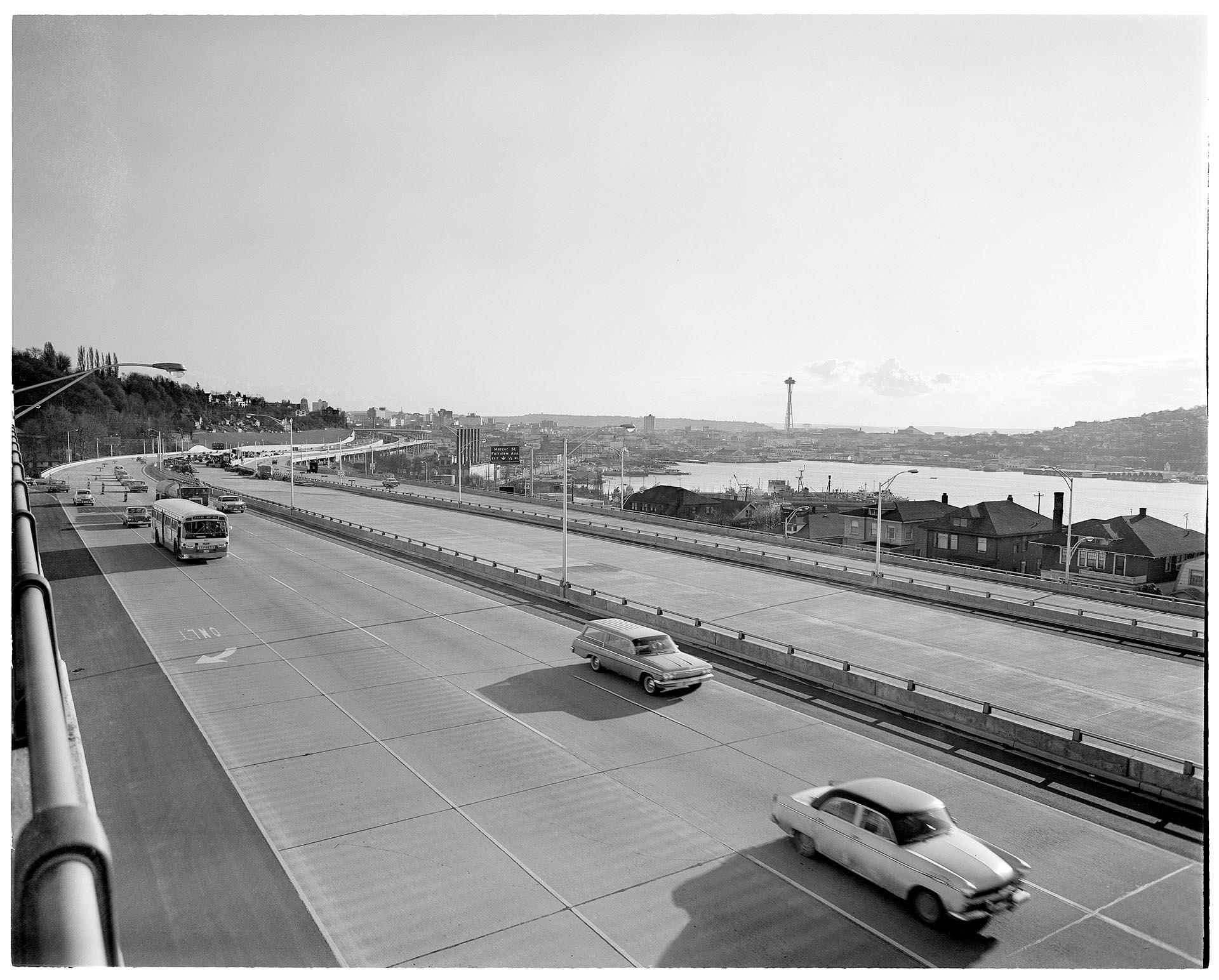 Image of Cars on recently completed Interstate 5, Seattle, April 2, 1964