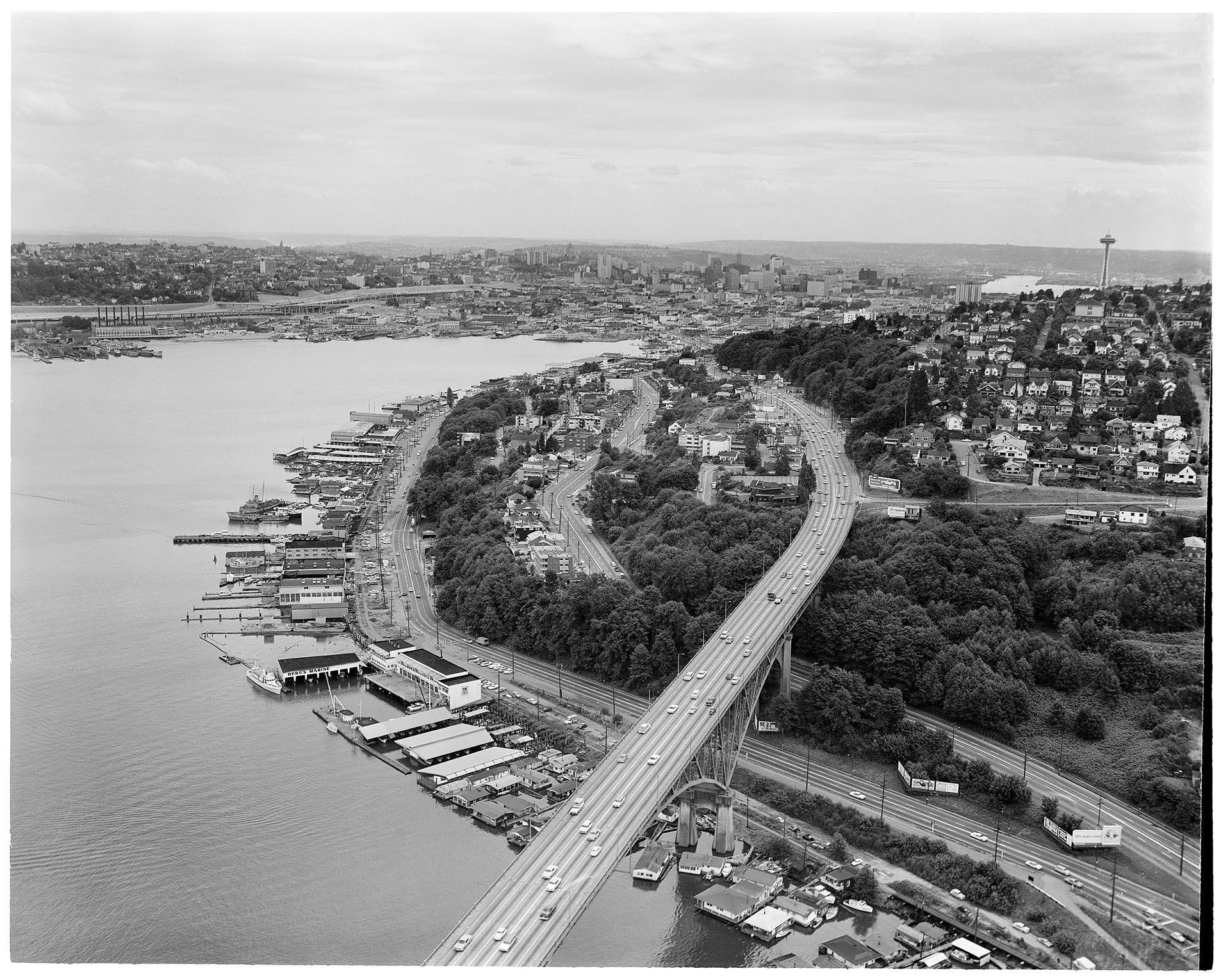 Image of Aerial view of Aurora Bridge over Lake Union, Seattle, July 20, 1964
