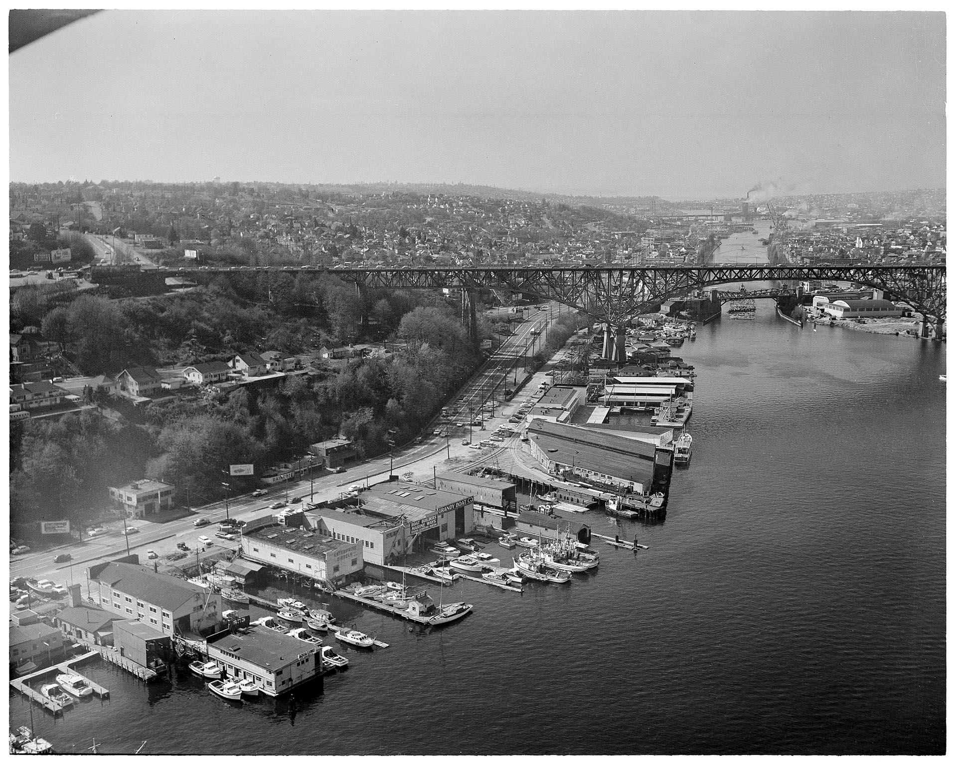 Image of Aerial view of Aurora Bridge over Lake Union, Seattle, April 1960