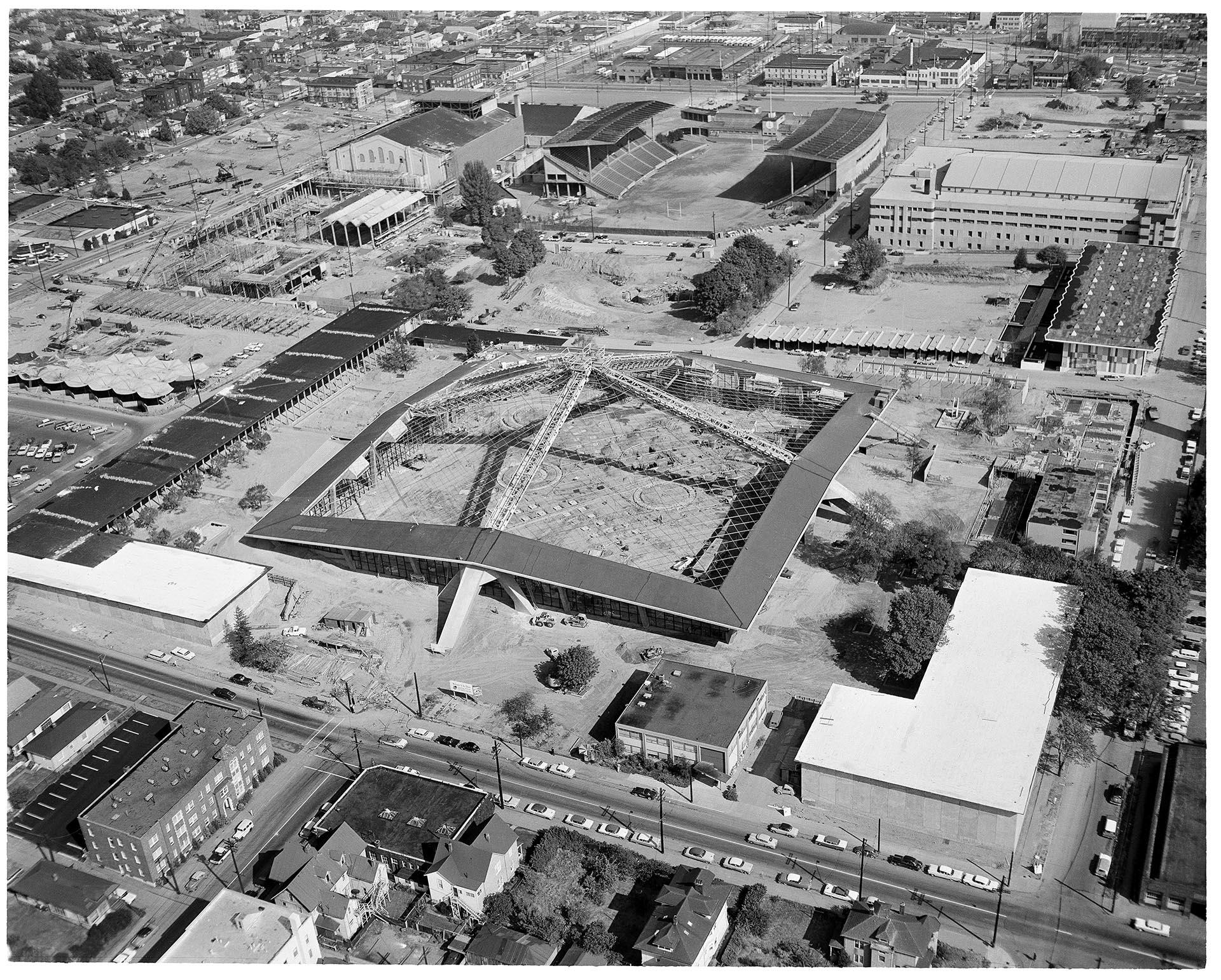 Image of Aerial view of the construction of the Seattle Center Coliseum, October 22, 1961