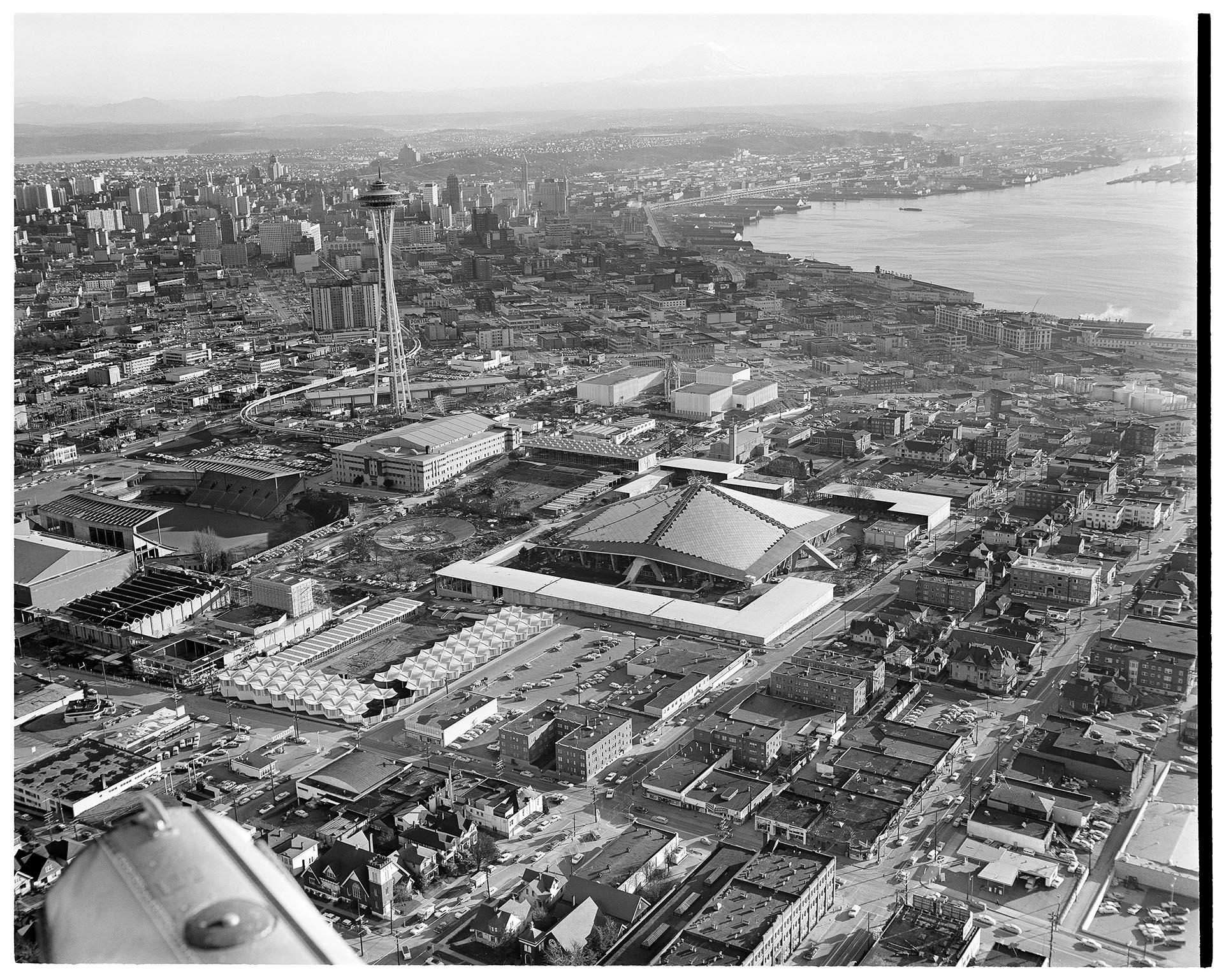 Image of Aerial view of the construction of the Century 21 Exposition fairgrounds, Seattle, January 9, 1962