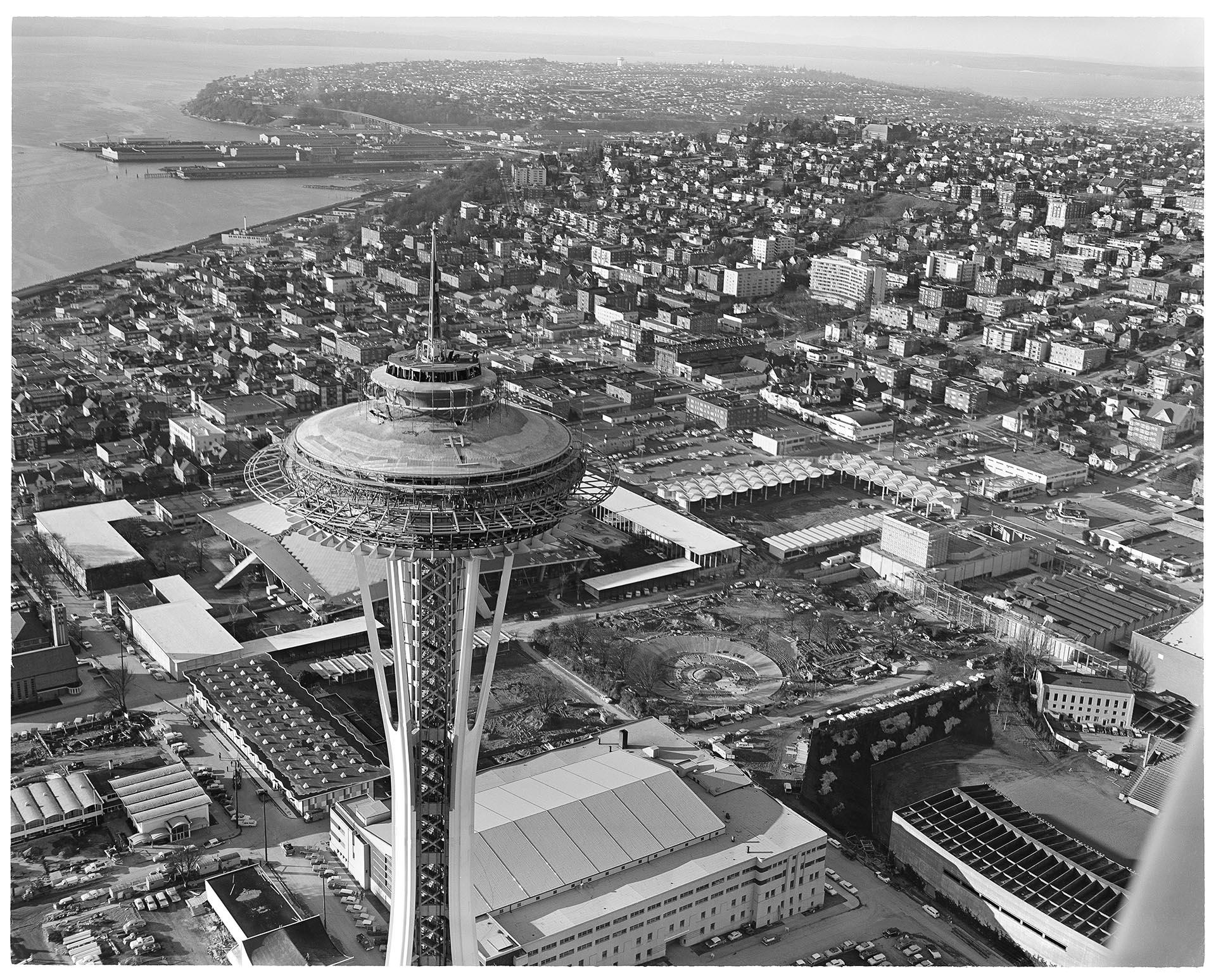Image of Aerial view of the construction of the Century 21 Exposition fairgrounds and Magnolia, Seattle, January 9, 1962