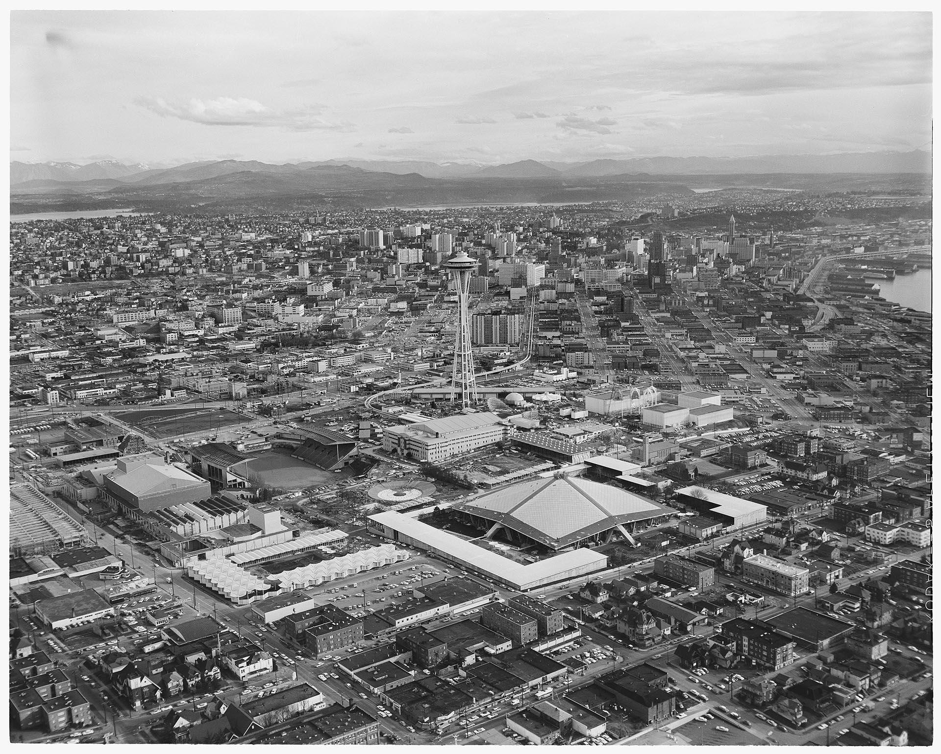Image of Aerial view of the construction of the Century 21 Exposition fairgrounds, Seattle, February 11, 1962