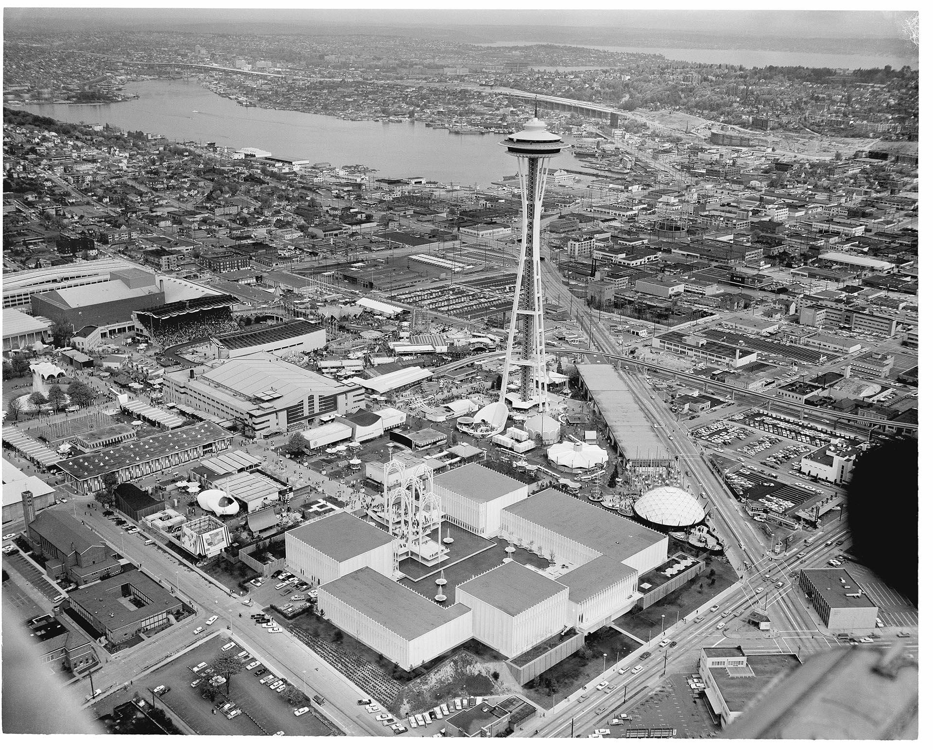 Image of Aerial view of Century 21 Exposition site on opening day, Seattle, April 21, 1962