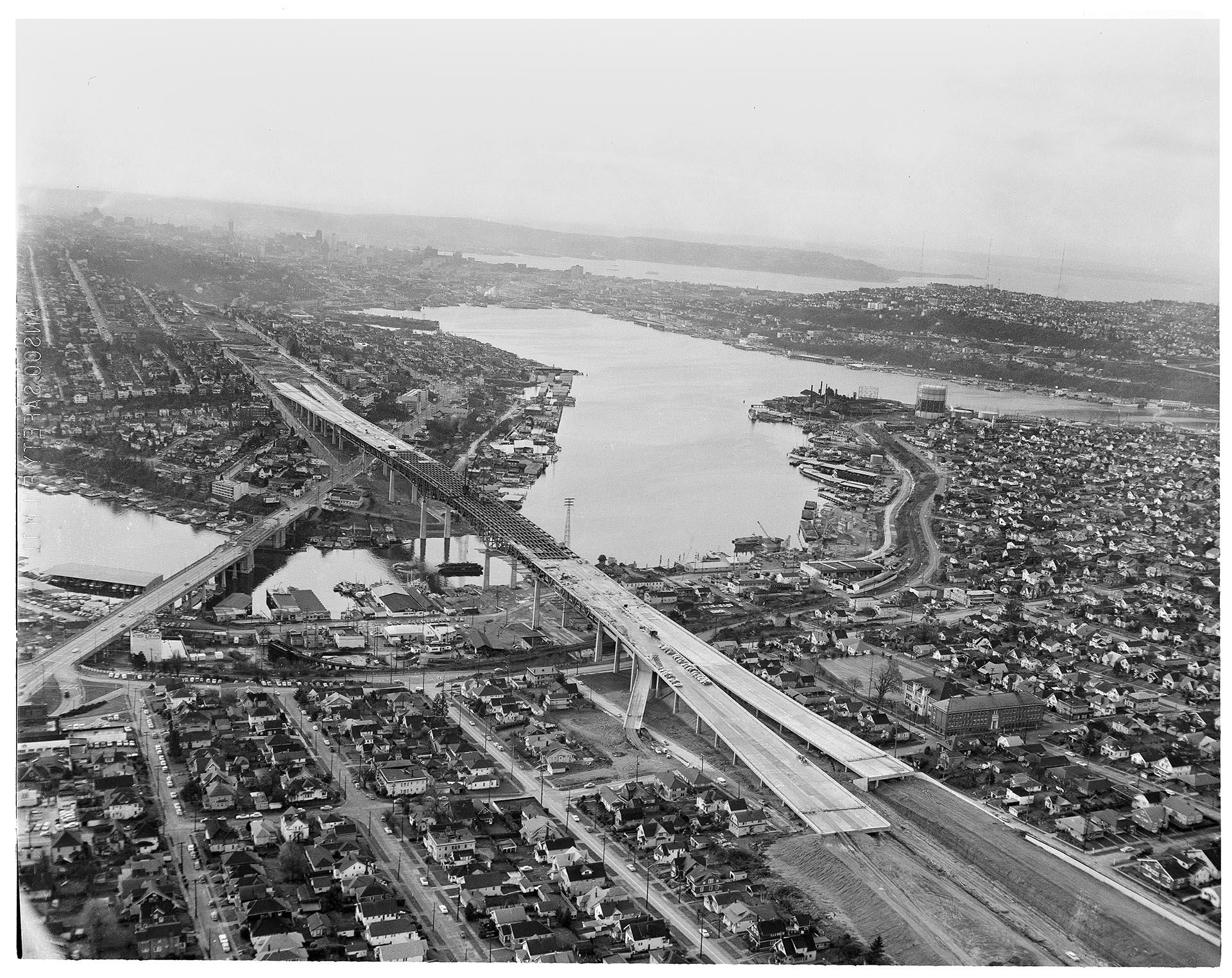 Image of Aerial view of Freeway Bridge during Interstate 5 construction, Seattle, January 1961