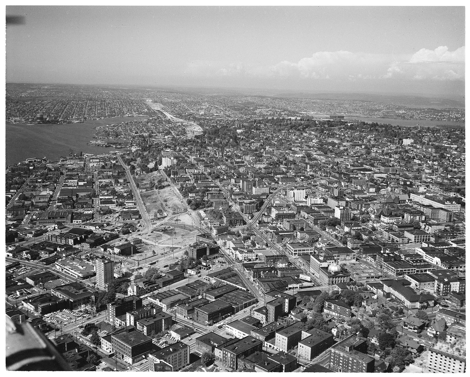 Image of Aerial view of Interstate 5 construction at Denny Way, looking north, January 1961