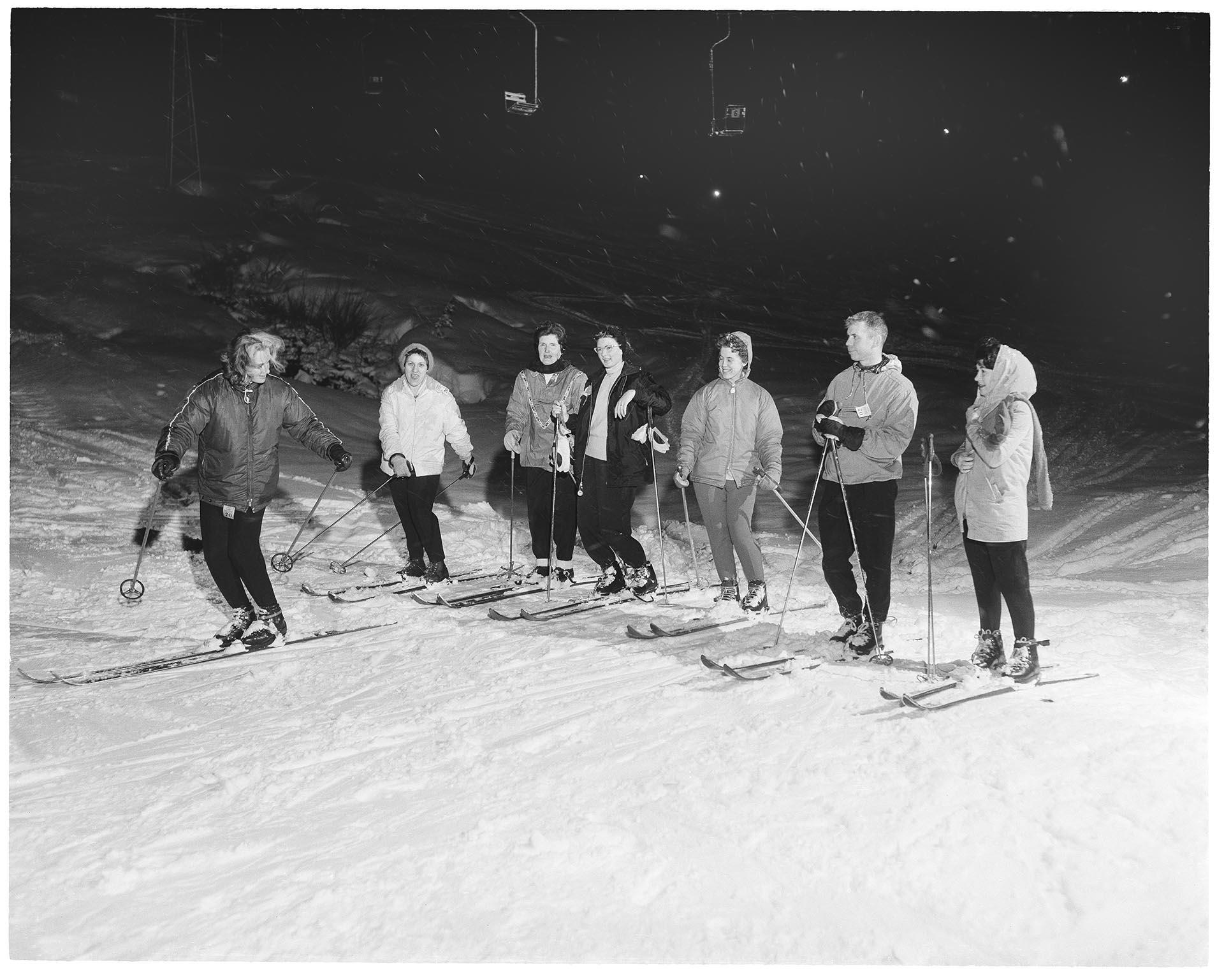 Image of Ski school students and instructor at Snoqualmie Summit, circa 1961