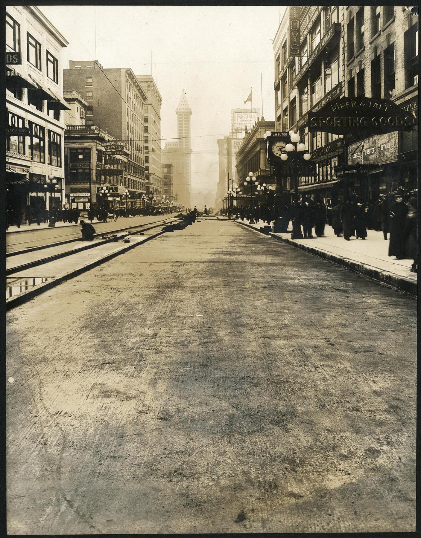 Image of Second Avenue during paving, Seattle, circa 1915<br />circa 1915