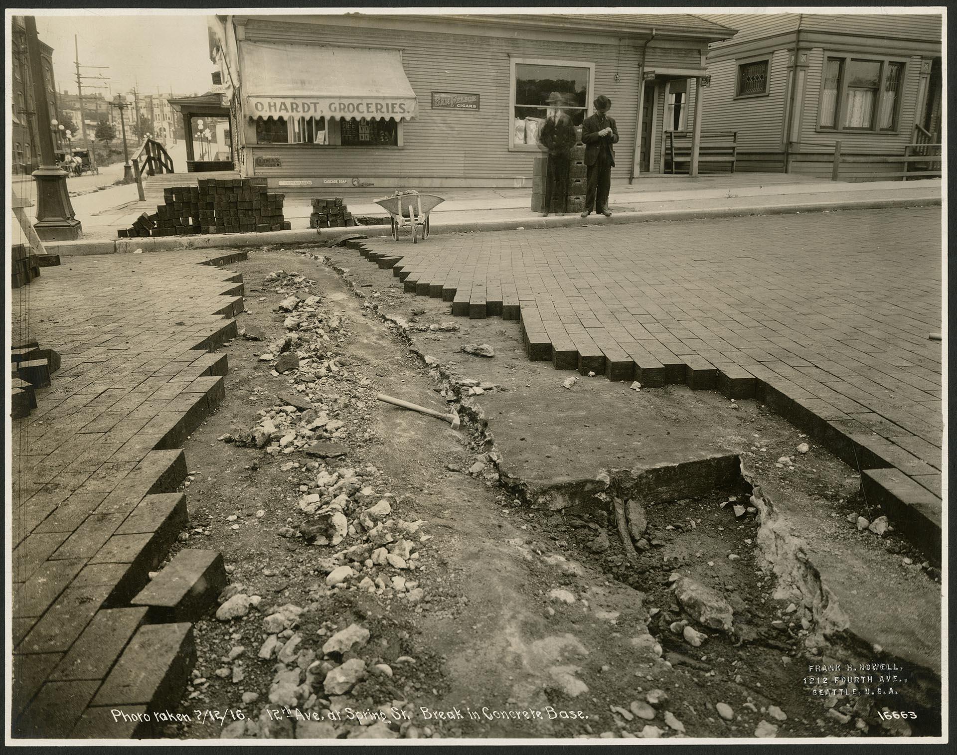 Image of Street repair at 12th Avenue and Spring Street, Seattle, July 12, 1916