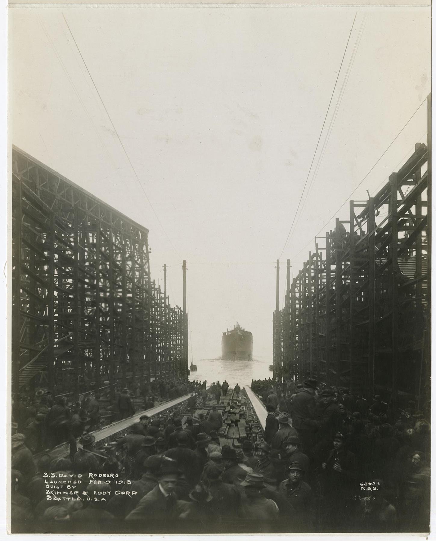 Image of Launch of SS David Rodgers, Skinner & Eddy Corp. shipyard, Seattle, February 9, 1918