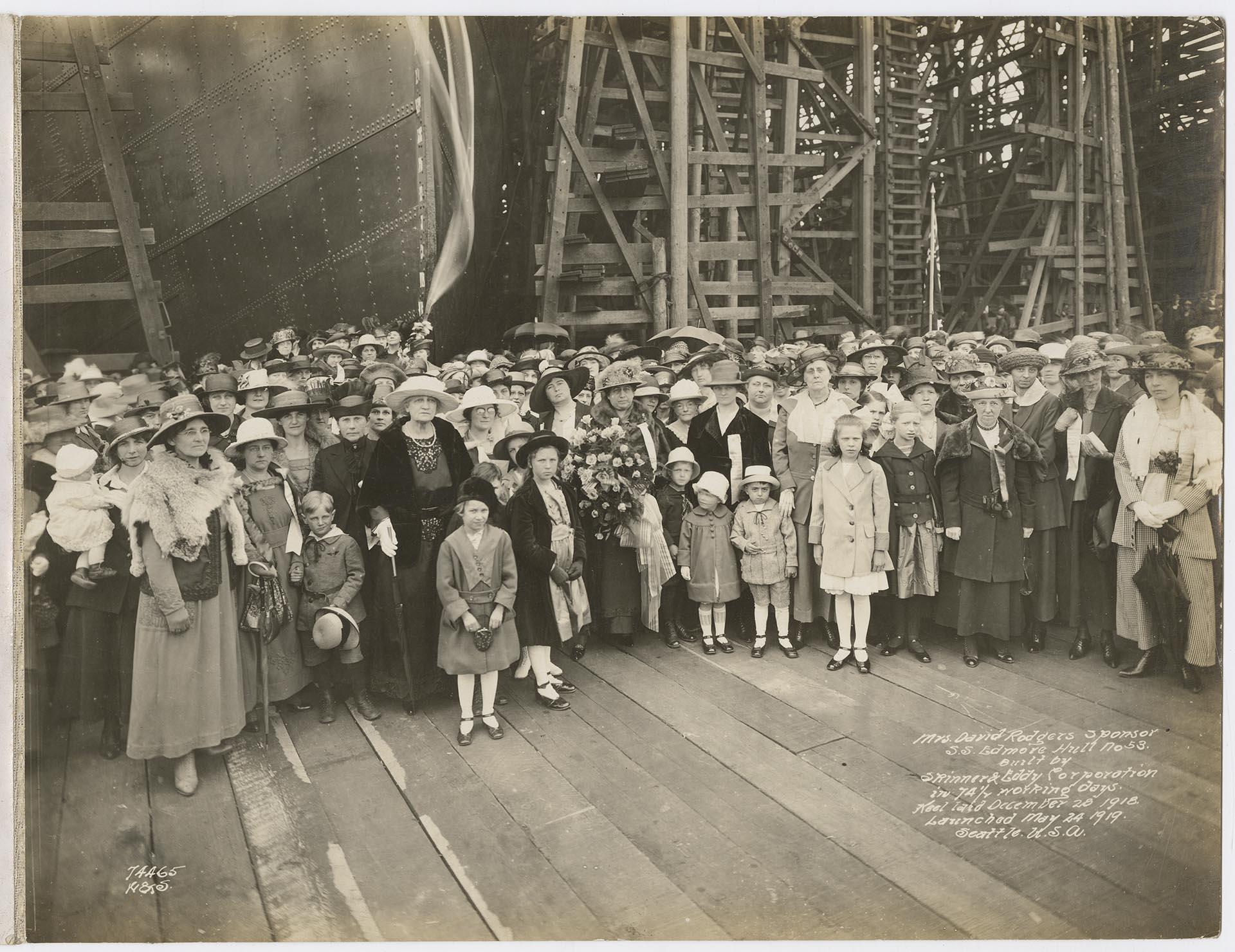 Image of Carrie Rodgers and spectators at SS Edmore launch, Seattle, May 24, 1919