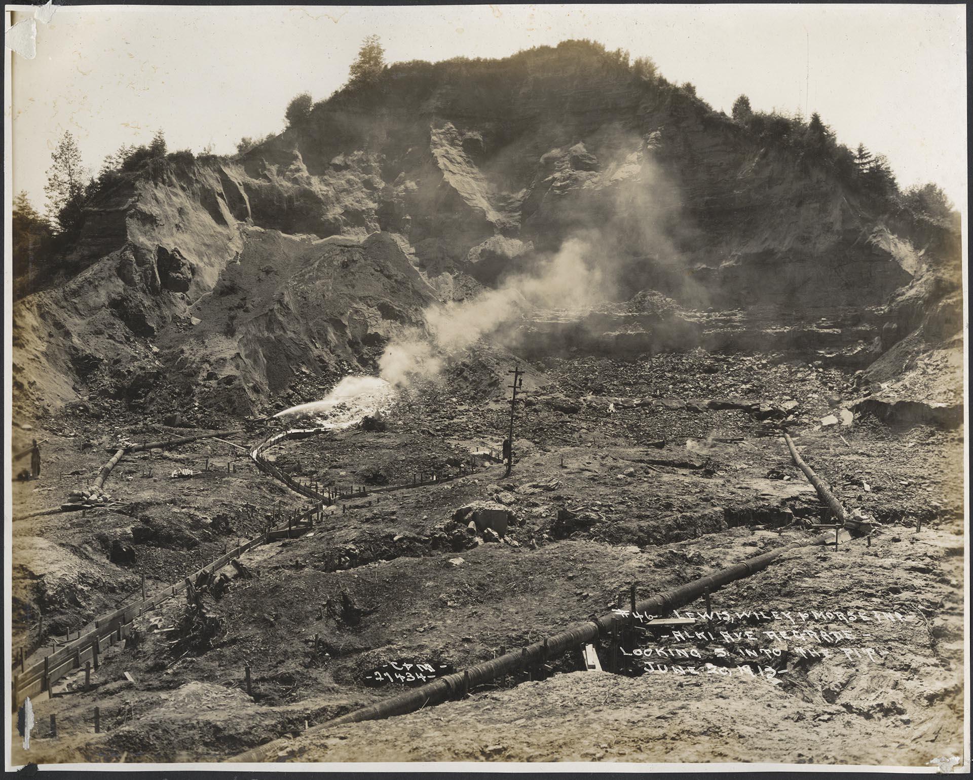 Image of Hydraulic work during Alki Avenue regrade, West Seattle, June 20, 1913