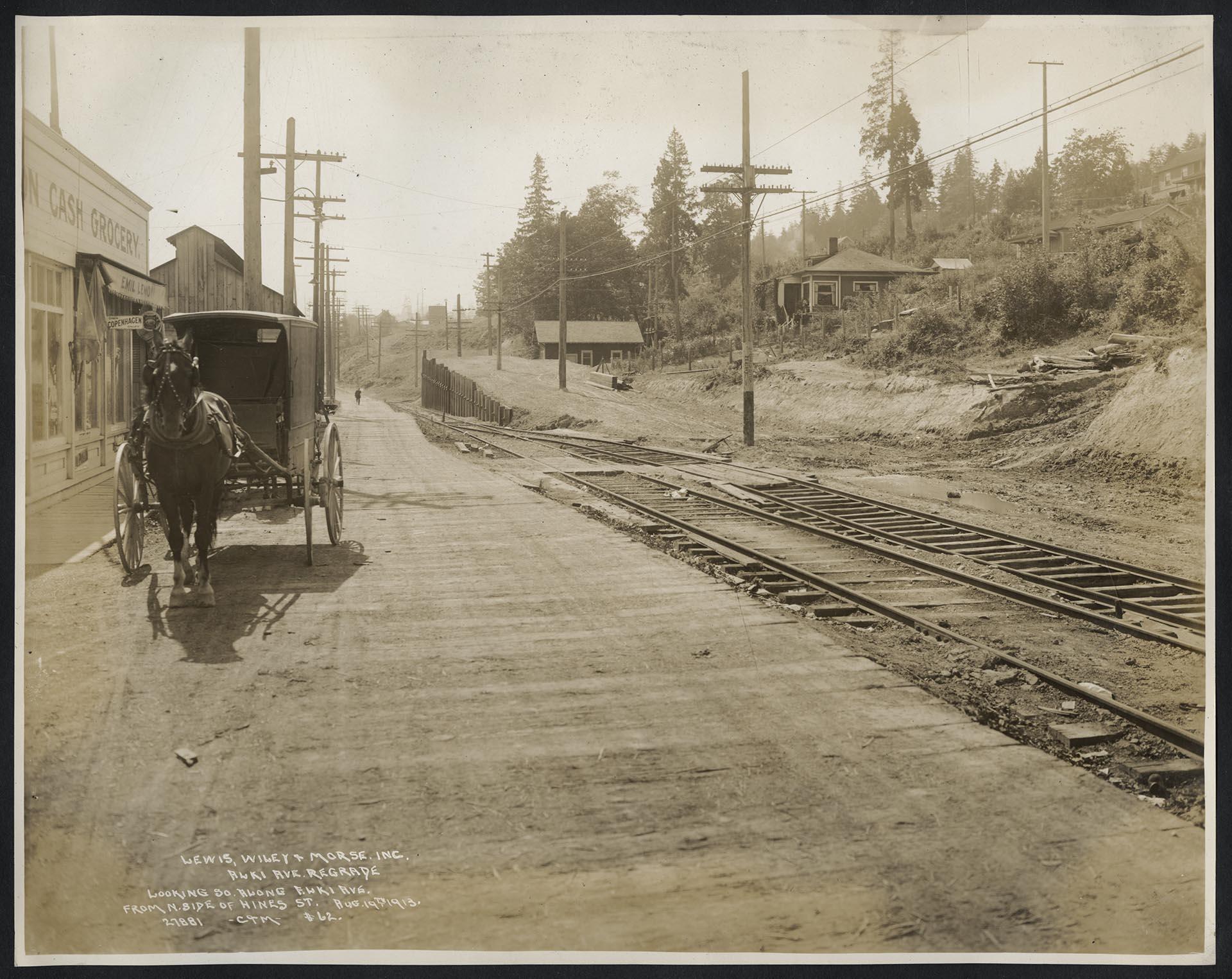 Image of View south on Alki Avenue during regrade, showing rail tracks and homes, West Seattle, August 19, 1913