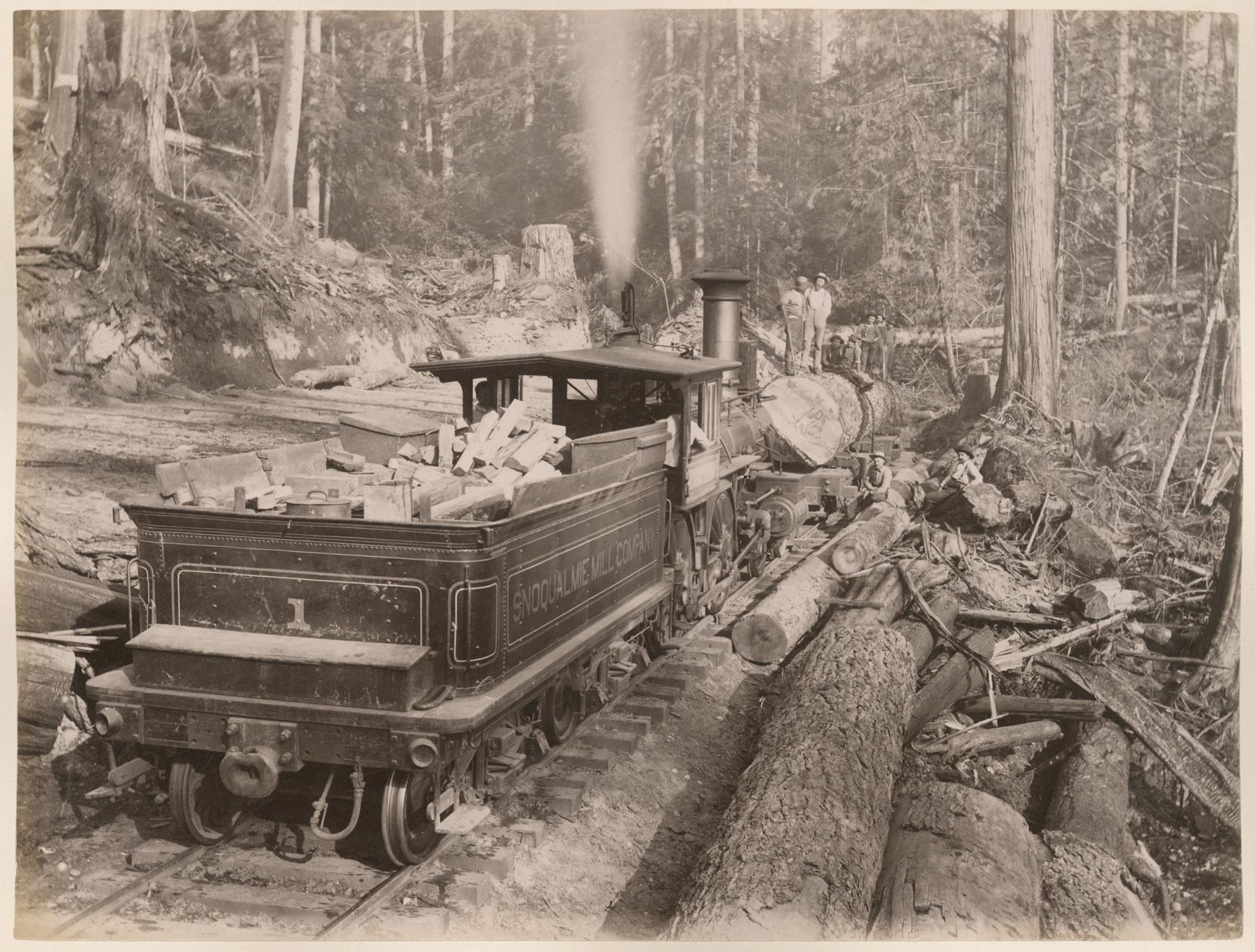 Image of Snoqualmie Mill Company train engine, circa 1890